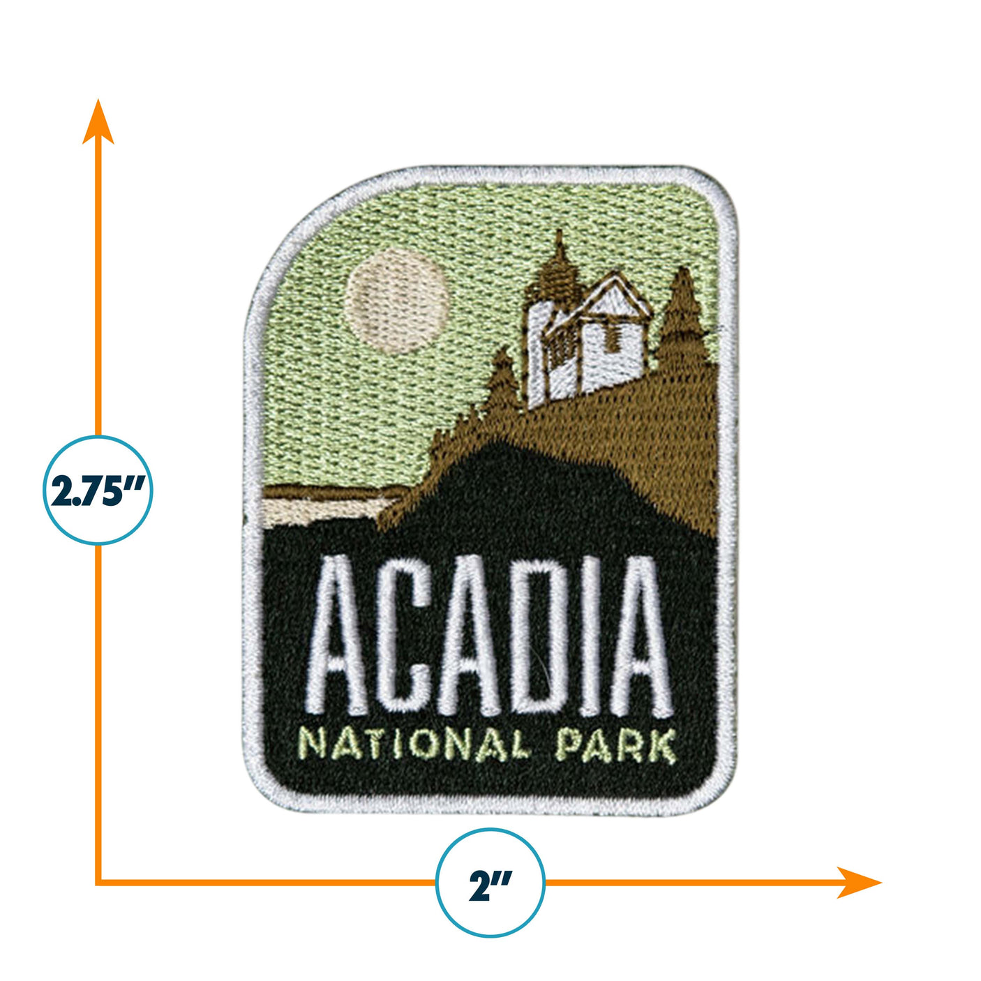 Acadia National Park patch featuring a lighthouse, green background, and white text, measuring 2.75 by 2 inches.