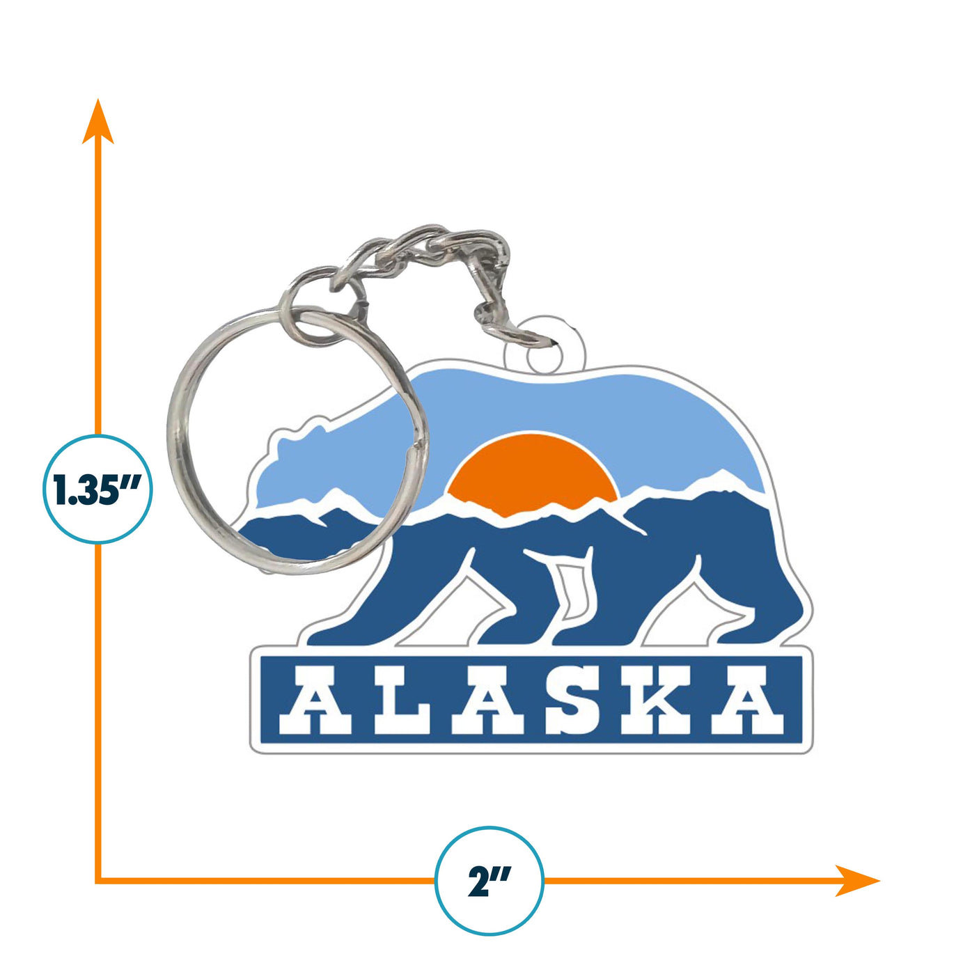 Alaska keychain featuring a bear silhouette, mountains, and sunset design, measuring 2 inches by 1.35 inches.