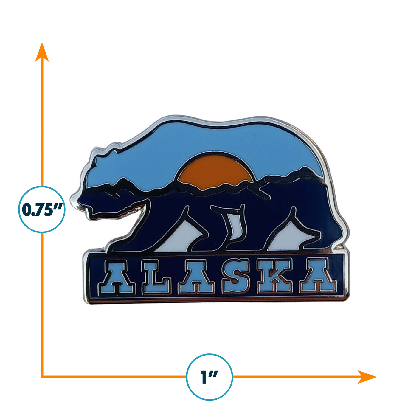 Alaska enamel pin featuring a bear silhouette, mountains, and the word "Alaska" in blue and orange colors.