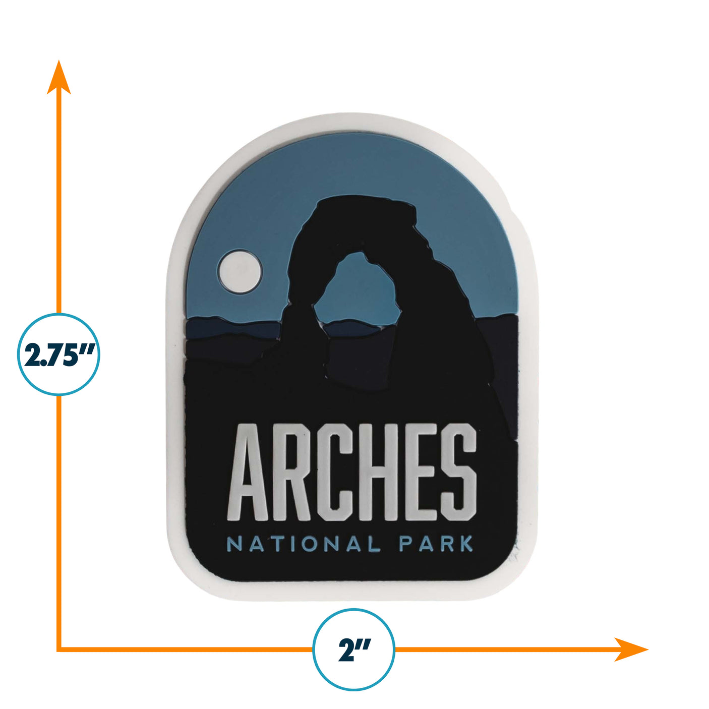 Arches National Park fridge magnet featuring a silhouette of the arch against a blue background, measuring 2.75 by 2 inches.