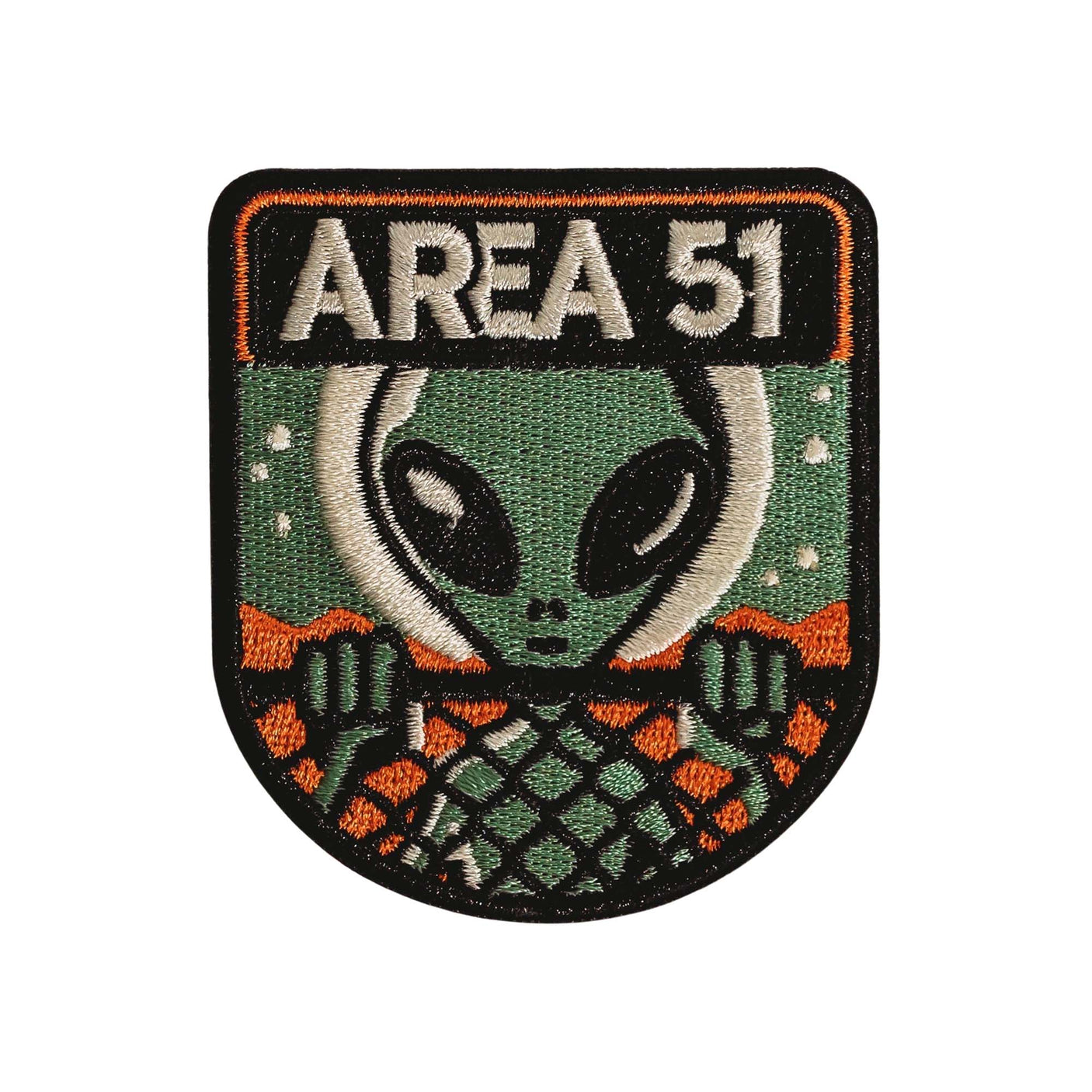 Area 51 patch featuring an alien design with green tones, black border, and orange accents on a dark background.