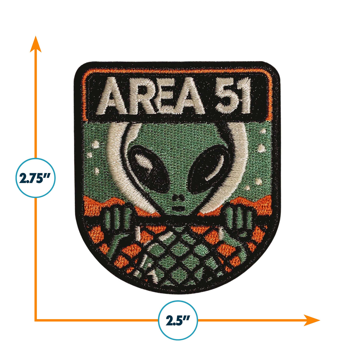 Area 51 patch featuring an alien design with green and orange colors, measuring 2.5 inches by 2.75 inches.