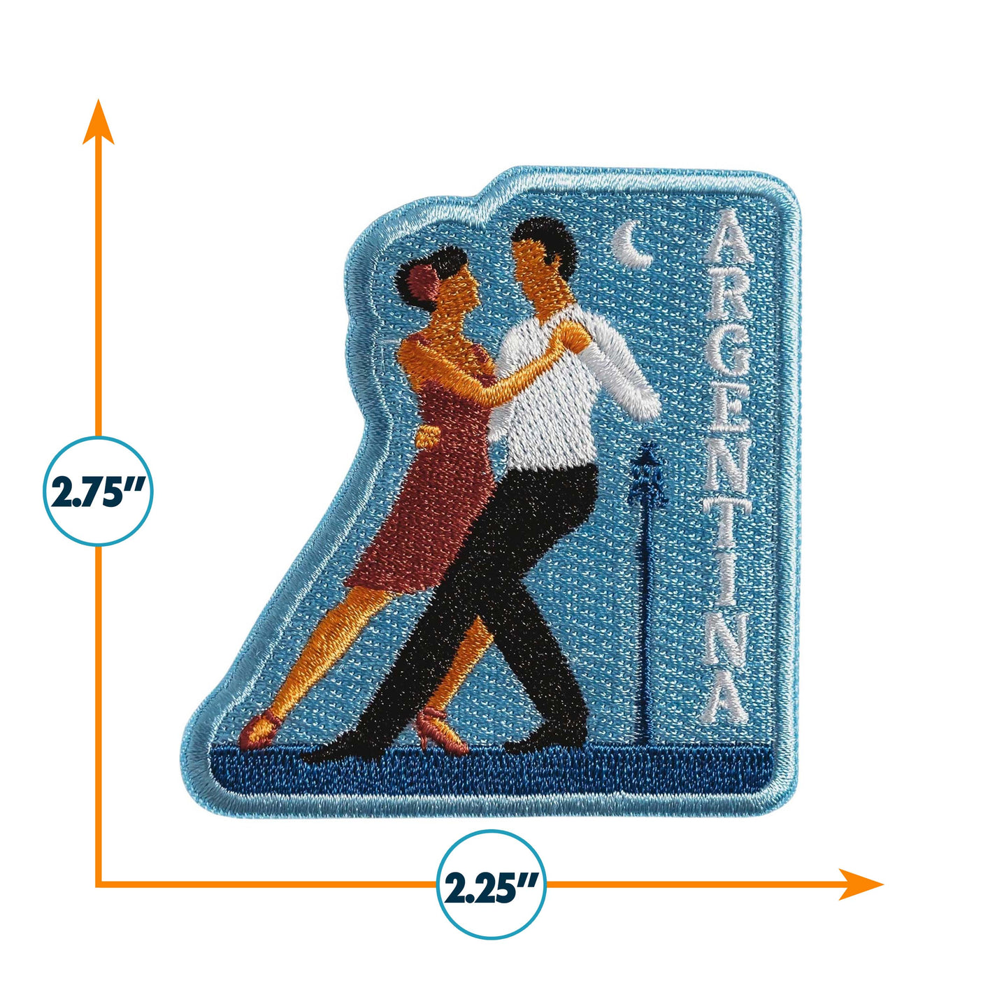 Argentina patch featuring a couple dancing, with blue background and white text, measuring 2.75 inches by 2.25 inches.