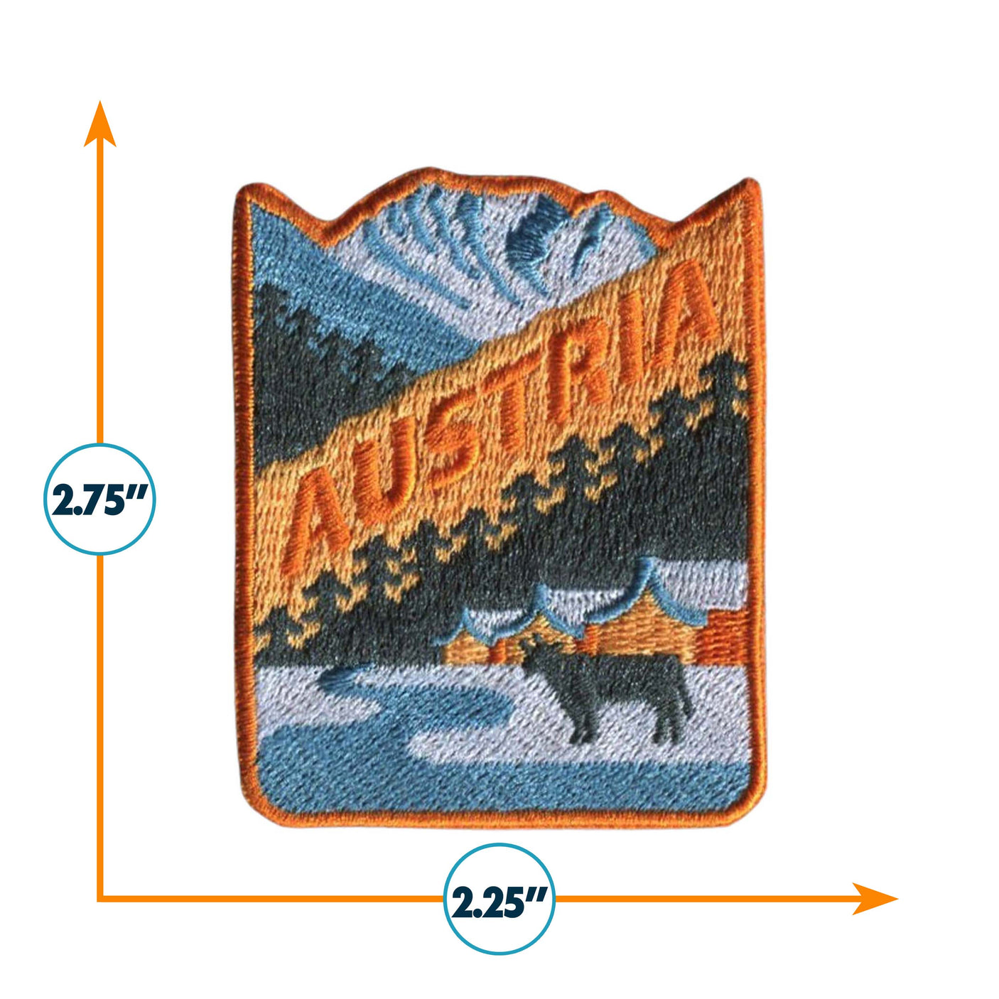 Austria patch featuring mountains, a lake, and a moose, measuring 2.75 inches by 2.25 inches.