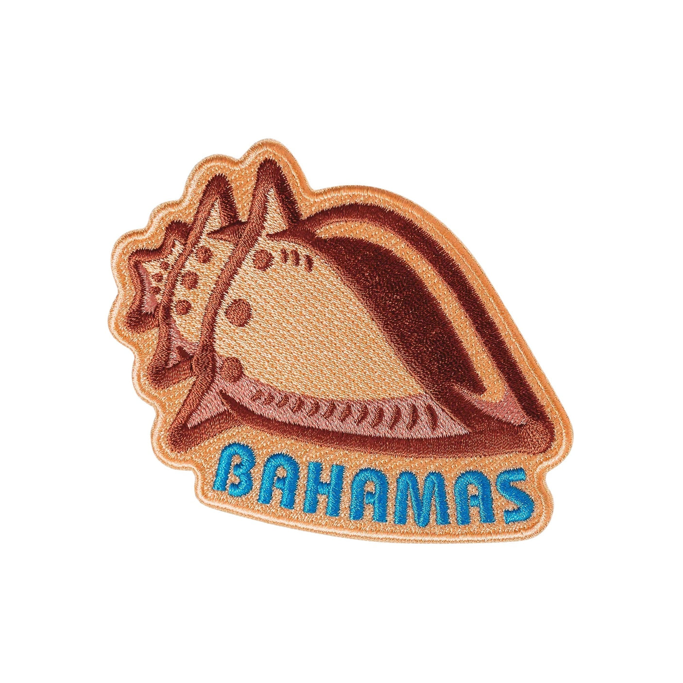 Bahamas patch featuring a shell design with brown and beige colors and blue text at the bottom.