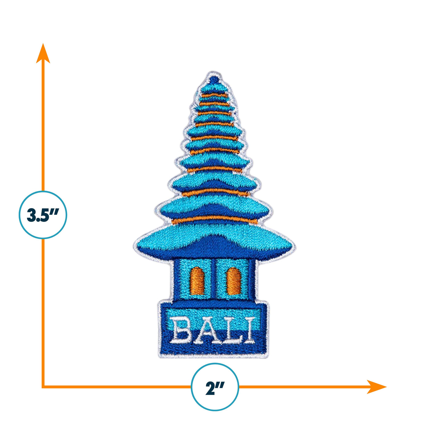 Bali Indonesia patch featuring a blue pagoda design, measuring 3.5 inches by 2 inches.