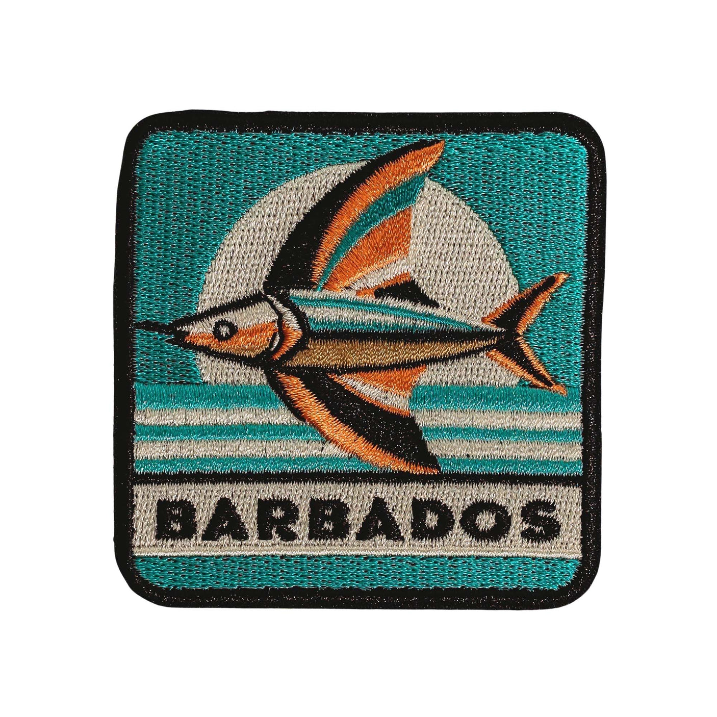 Barbados patch featuring a colorful fish design on a teal background with a circular sun and horizontal stripes.