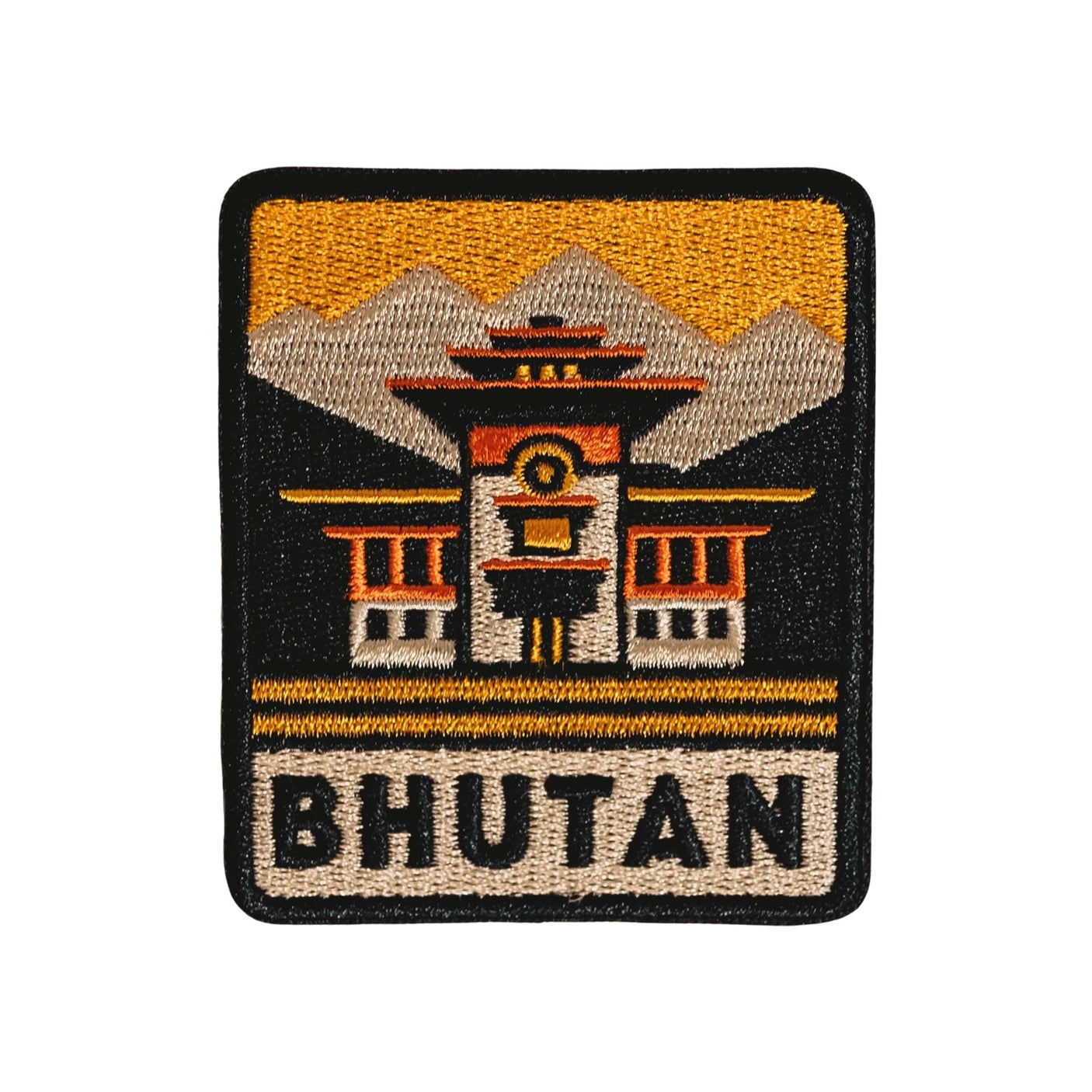 Bhutan patch featuring an embroidered design of mountains and a traditional building with the word "BHUTAN" at the bottom.