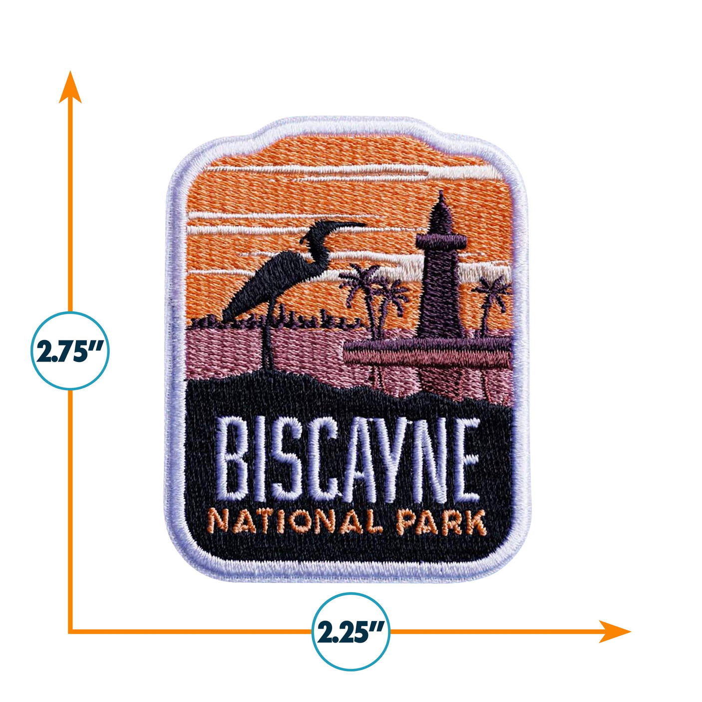 Biscayne National Park patch featuring an embroidered heron, lighthouse, and sunset colors in orange and purple.