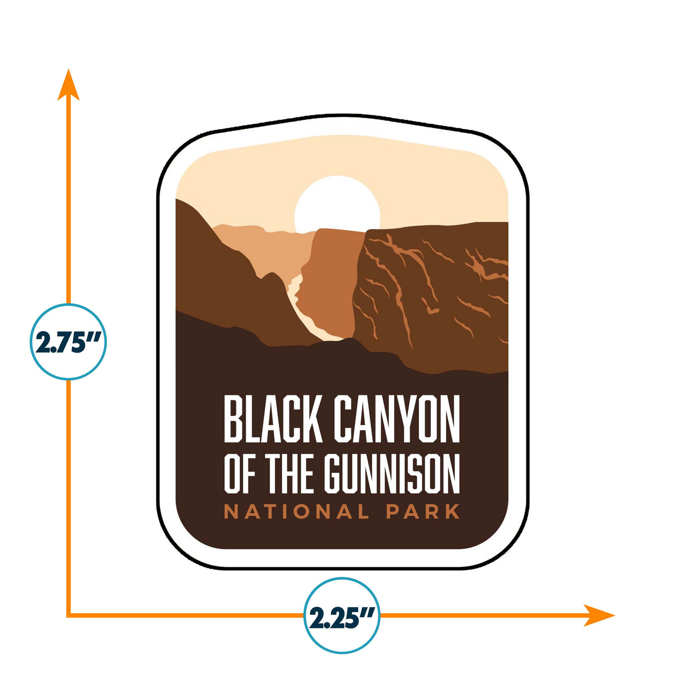 Black Canyon of the Gunnison National Park sticker featuring mountains and a sun in earthy tones, measuring 2.75 by 2.25 i...