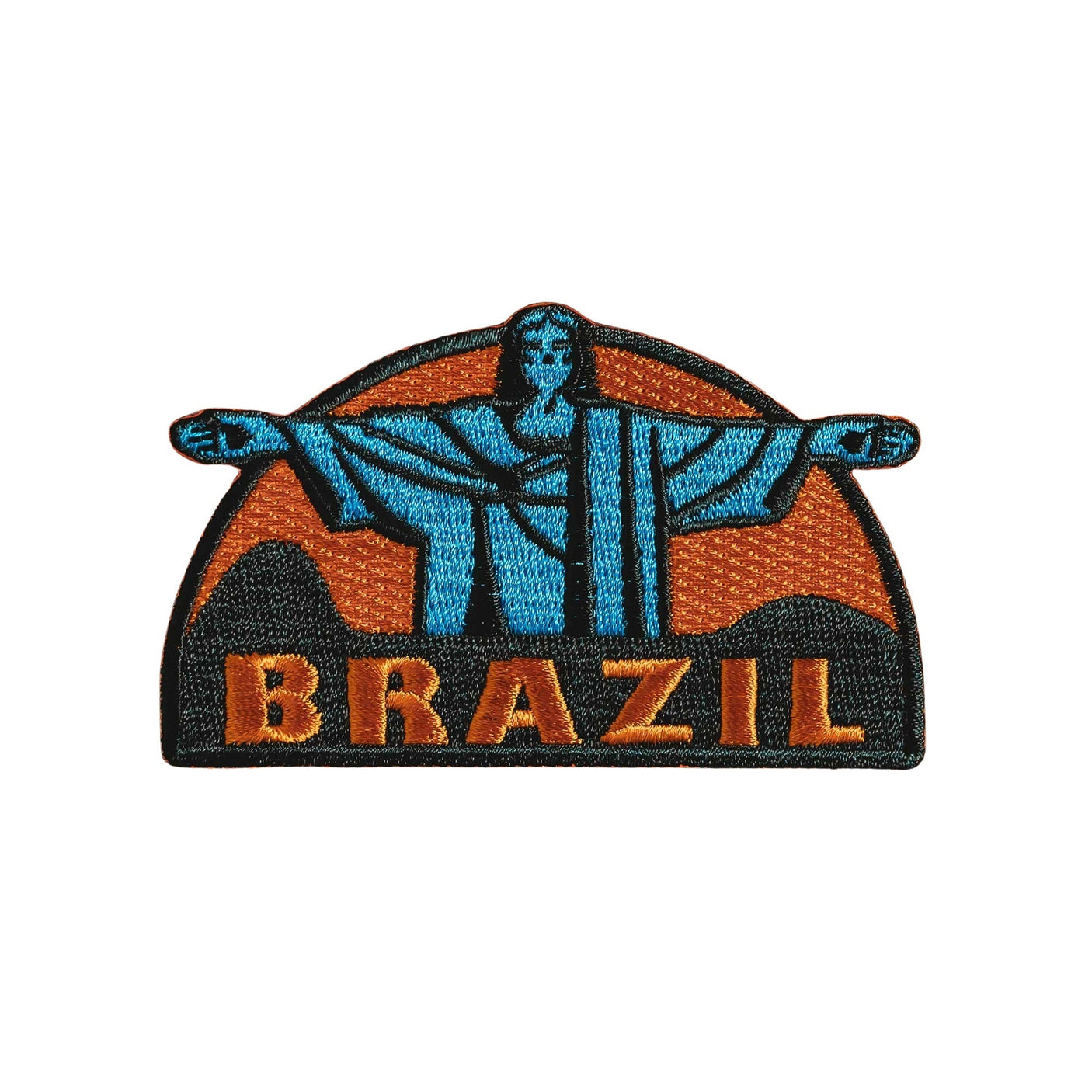 Brazil patch featuring the Christ the Redeemer statue with blue and orange colors on a black background.