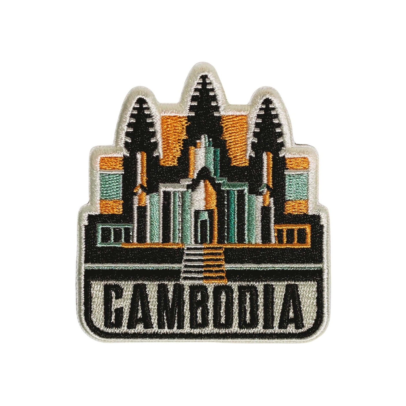 Cambodia patch featuring an embroidered temple design with green, orange, and black colors.
