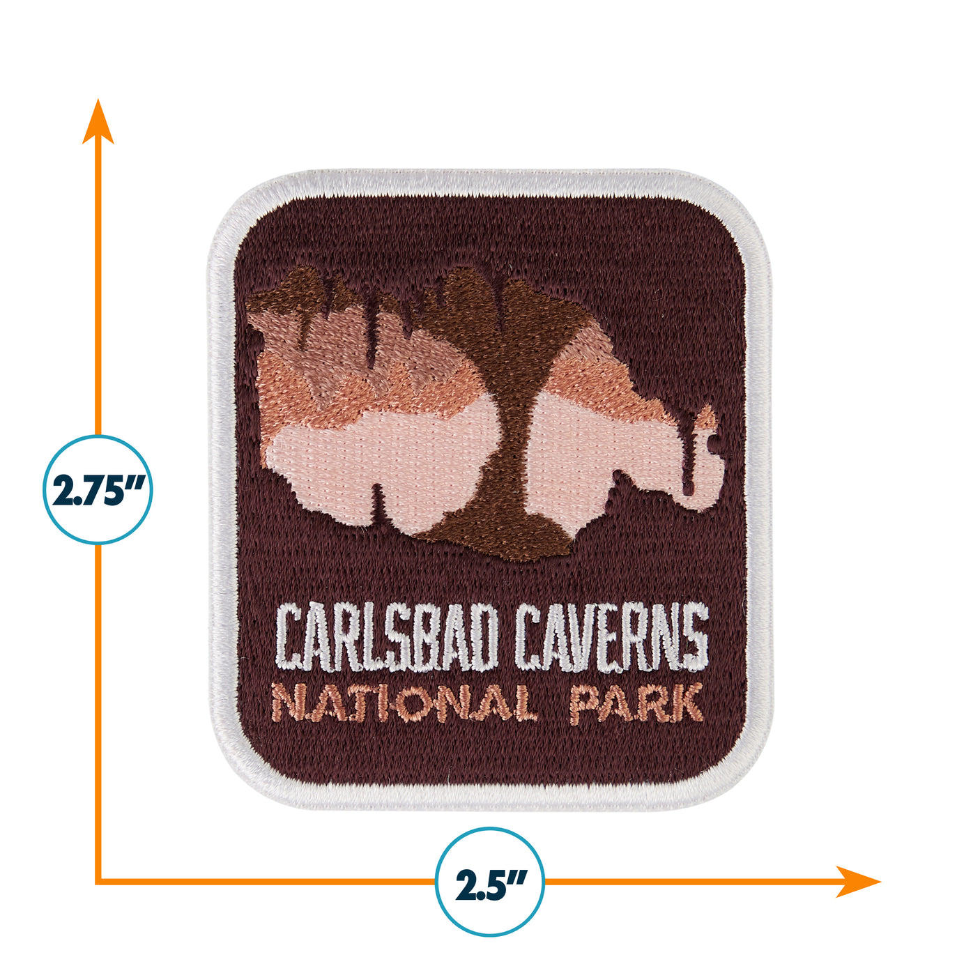 Carlsbad Caverns National Park patch with brown and pink design, measuring 2.5 inches by 2.75 inches.