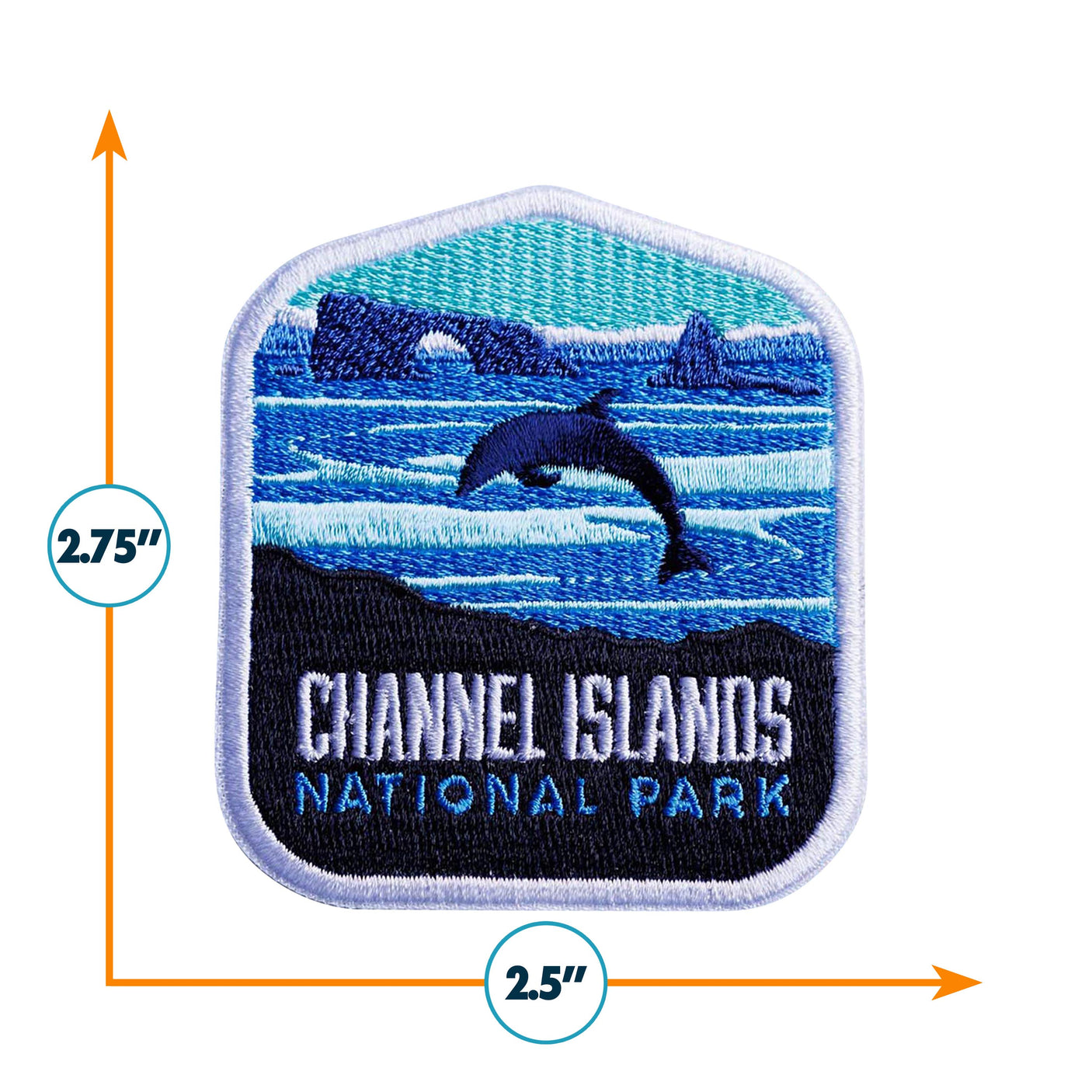 Channel Islands National Park patch featuring a dolphin and ocean scene in blue and white, measuring 2.75 by 2.5 inches.