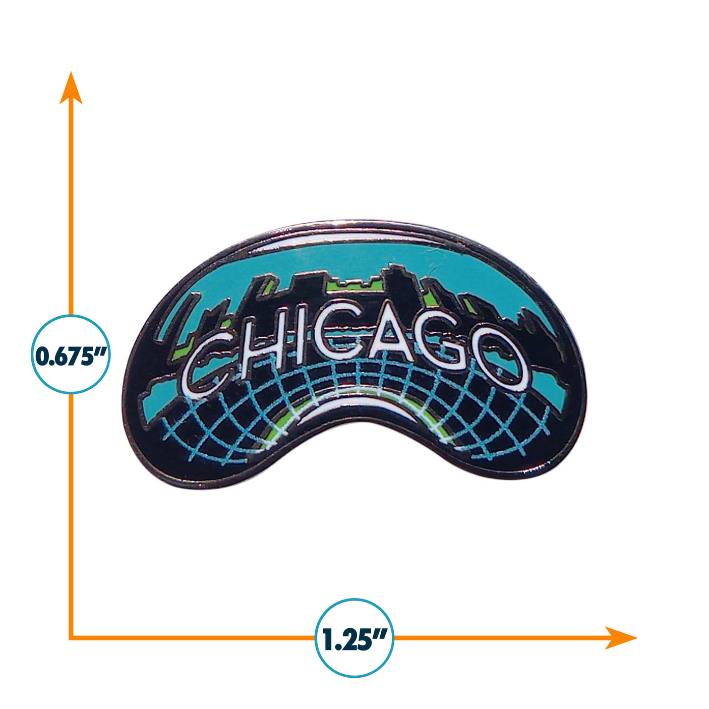 Chicago enamel pin featuring a skyline design with blue and black colors, measuring 1.25 inches wide and 0.675 inches tall.