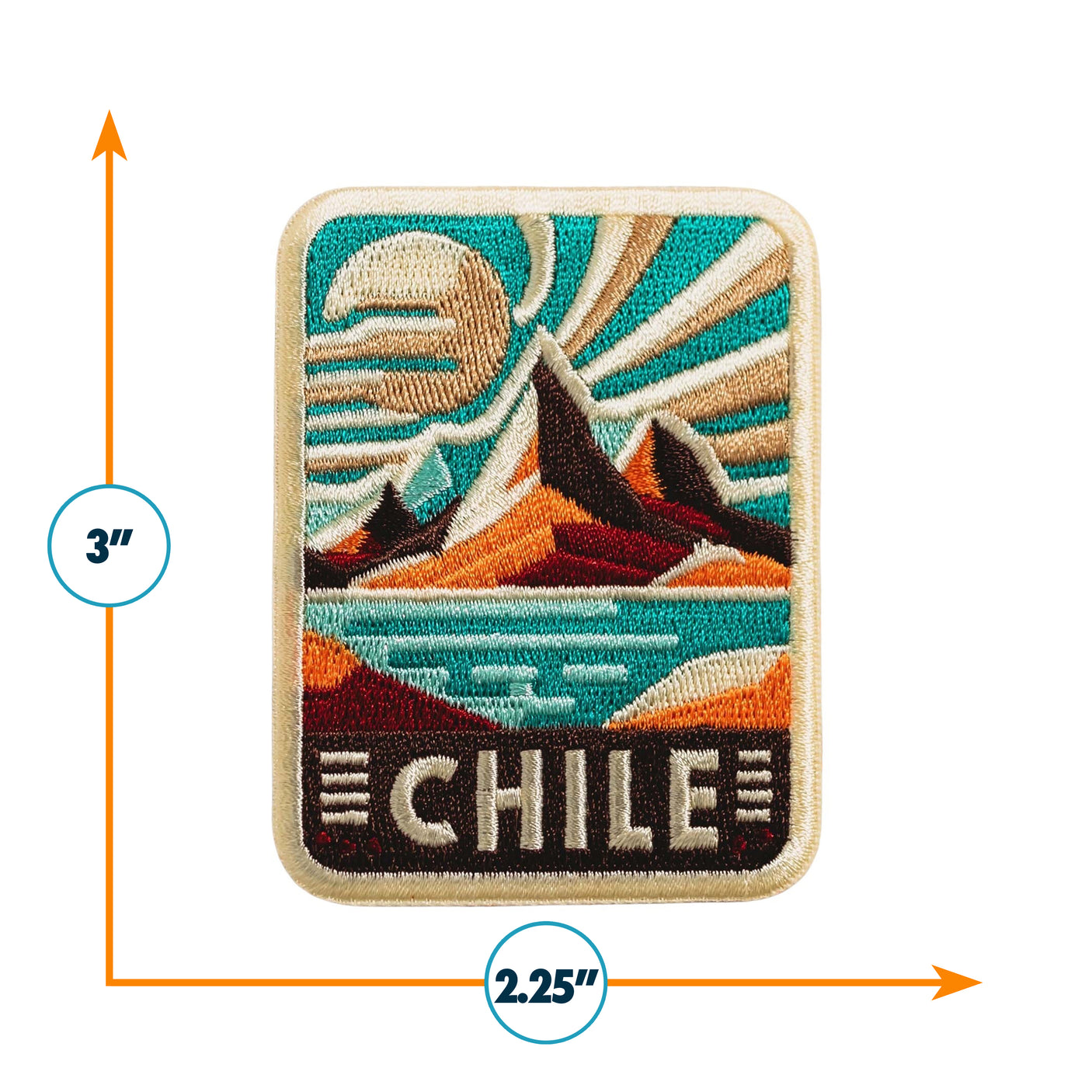 Chile patch featuring mountains, water, and sun in vibrant colors, measuring 3 inches by 2.25 inches.