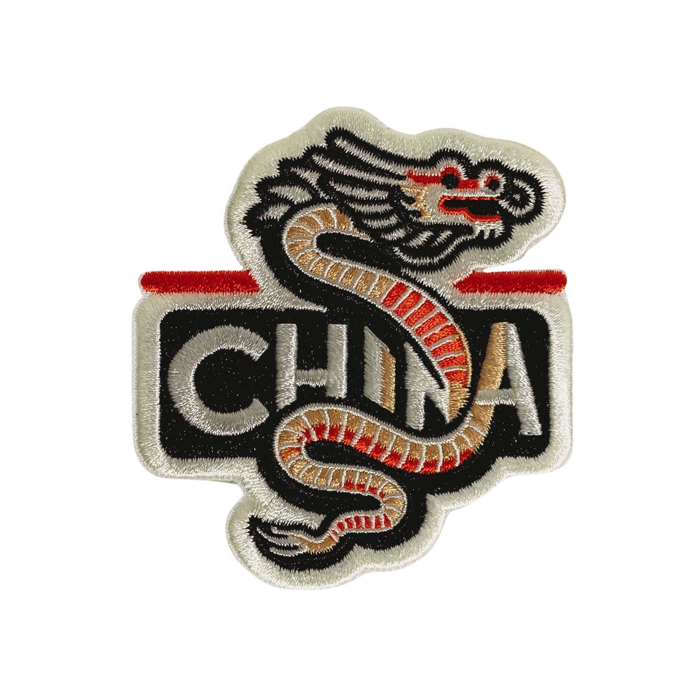 China patch featuring a dragon design with red and gold accents on a black background.