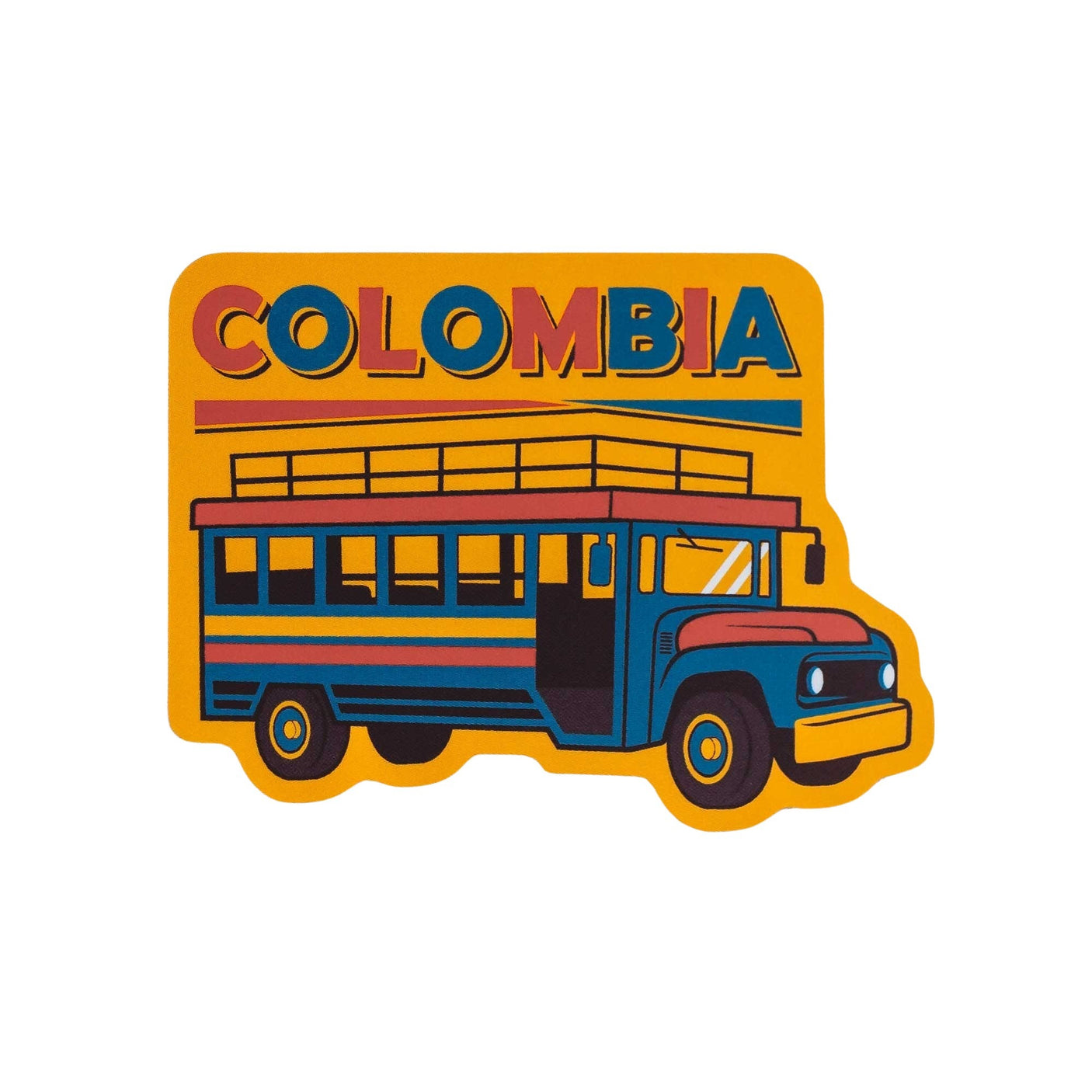 Colombia sticker with a colorful bus illustration and bold text on a bright yellow background.