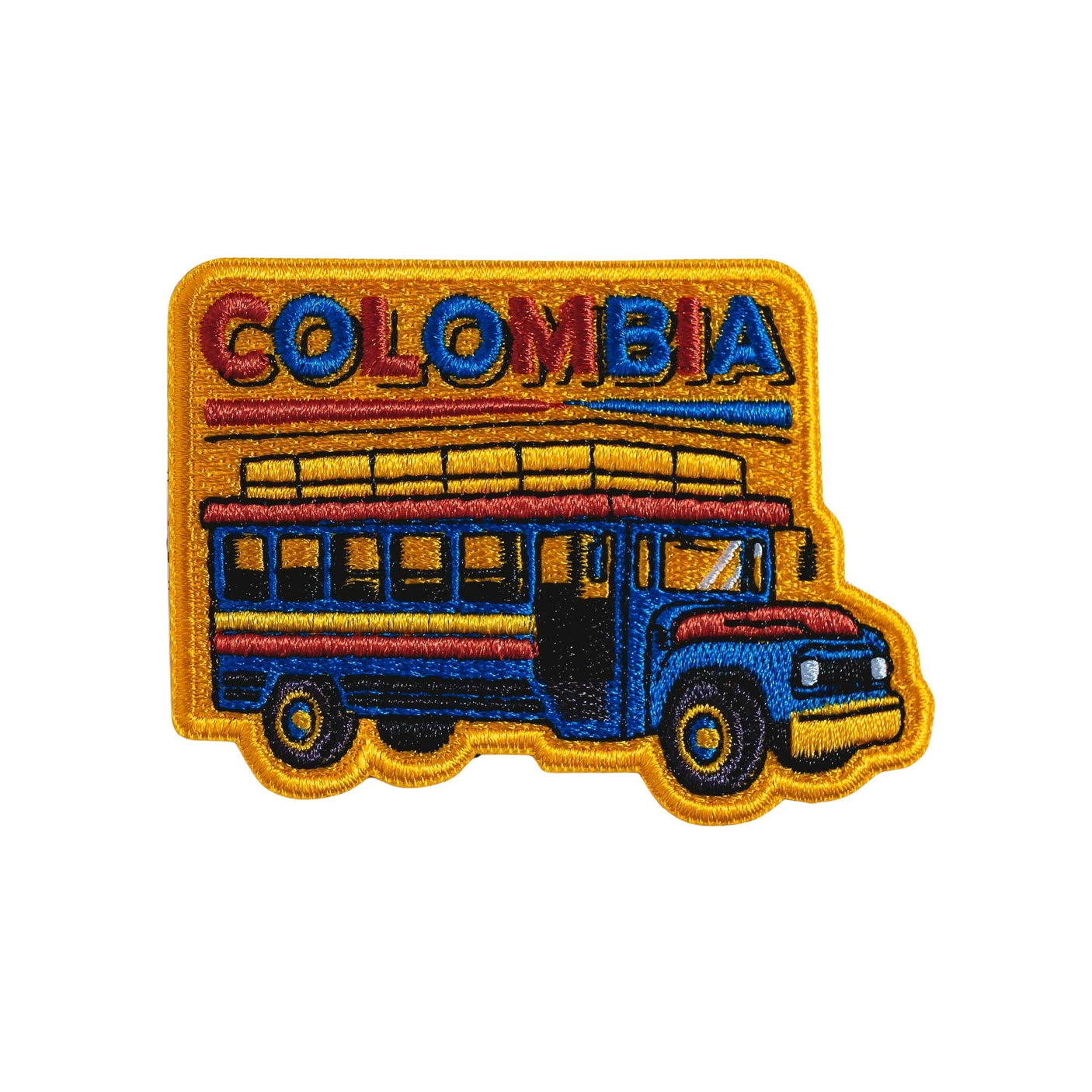 Colombia patch featuring a colorful bus design with the word "COLOMBIA" in bold letters above.