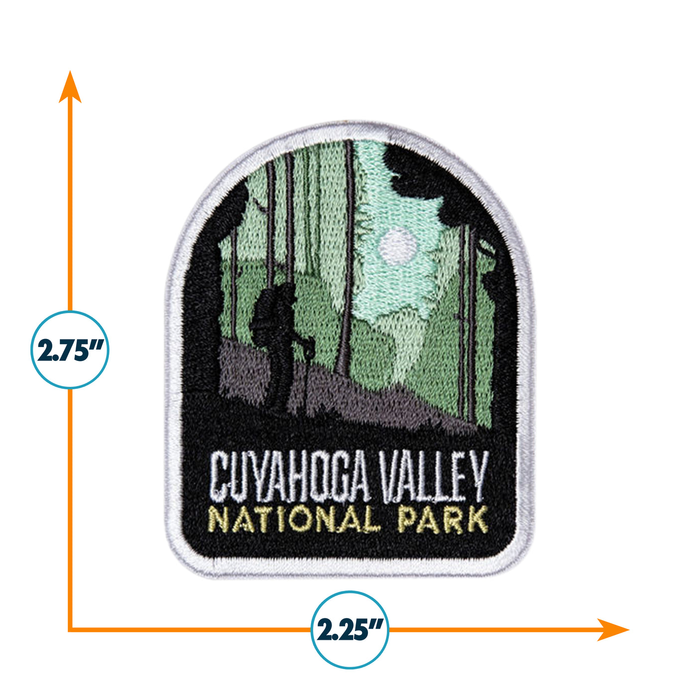 Cuyahoga National Park patch featuring a hiker among trees, with a moonlit background, measuring 2.75 by 2.25 inches.