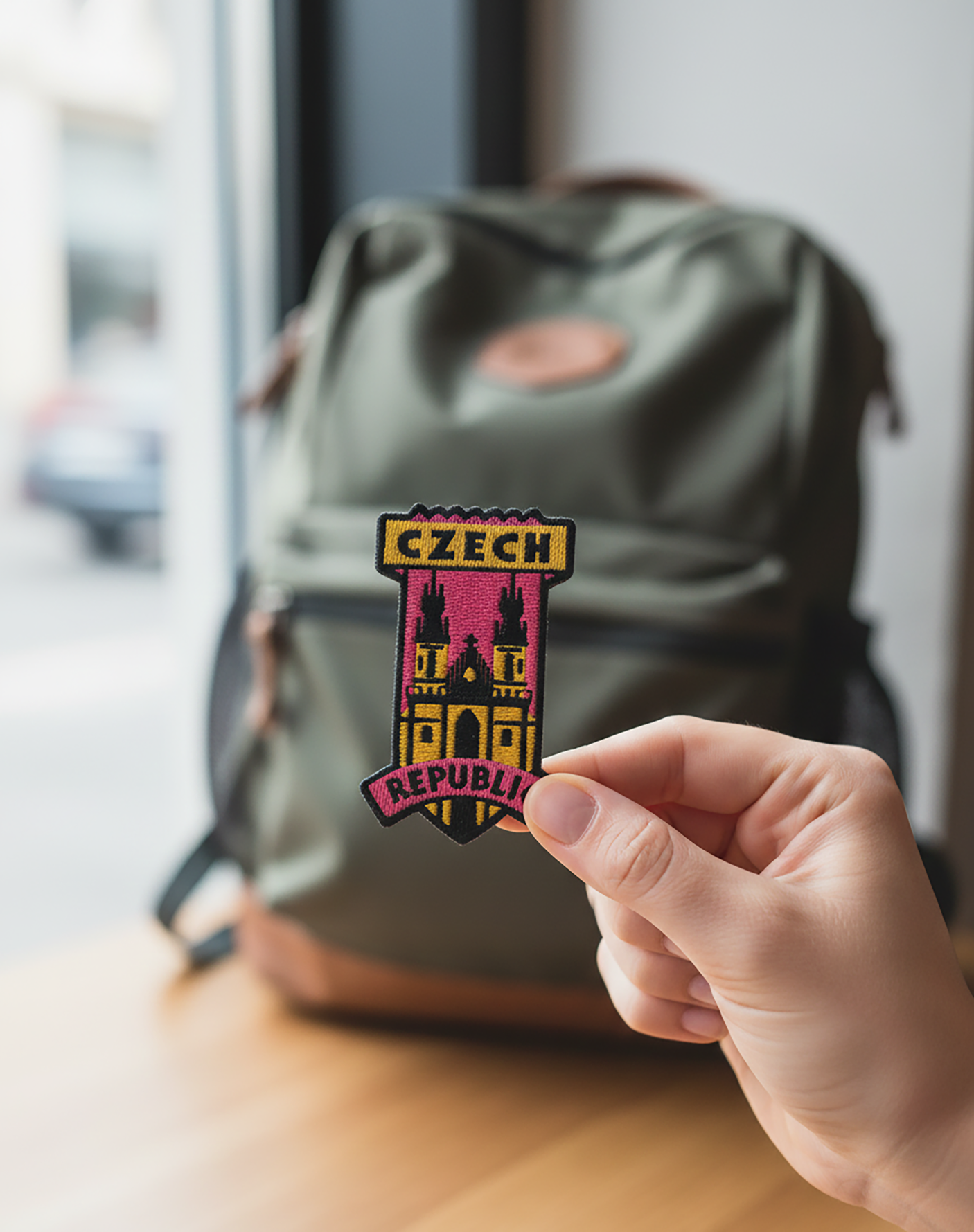 Czech Republic patch held in hand, featuring a colorful design with a castle and the text "Czech Republic," against a back...