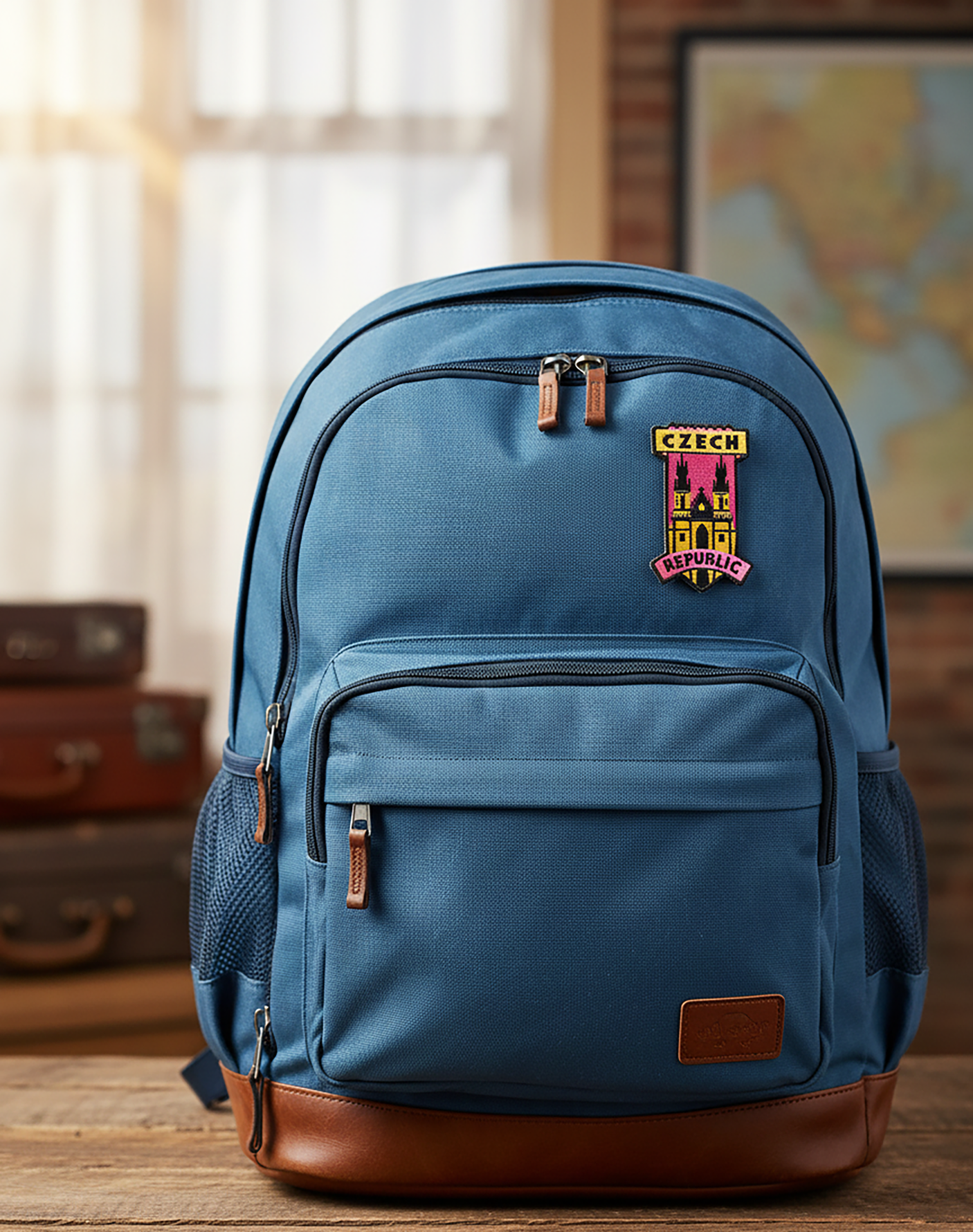 Czech Republic patch on a blue backpack with brown leather accents, displayed indoors with vintage suitcases.