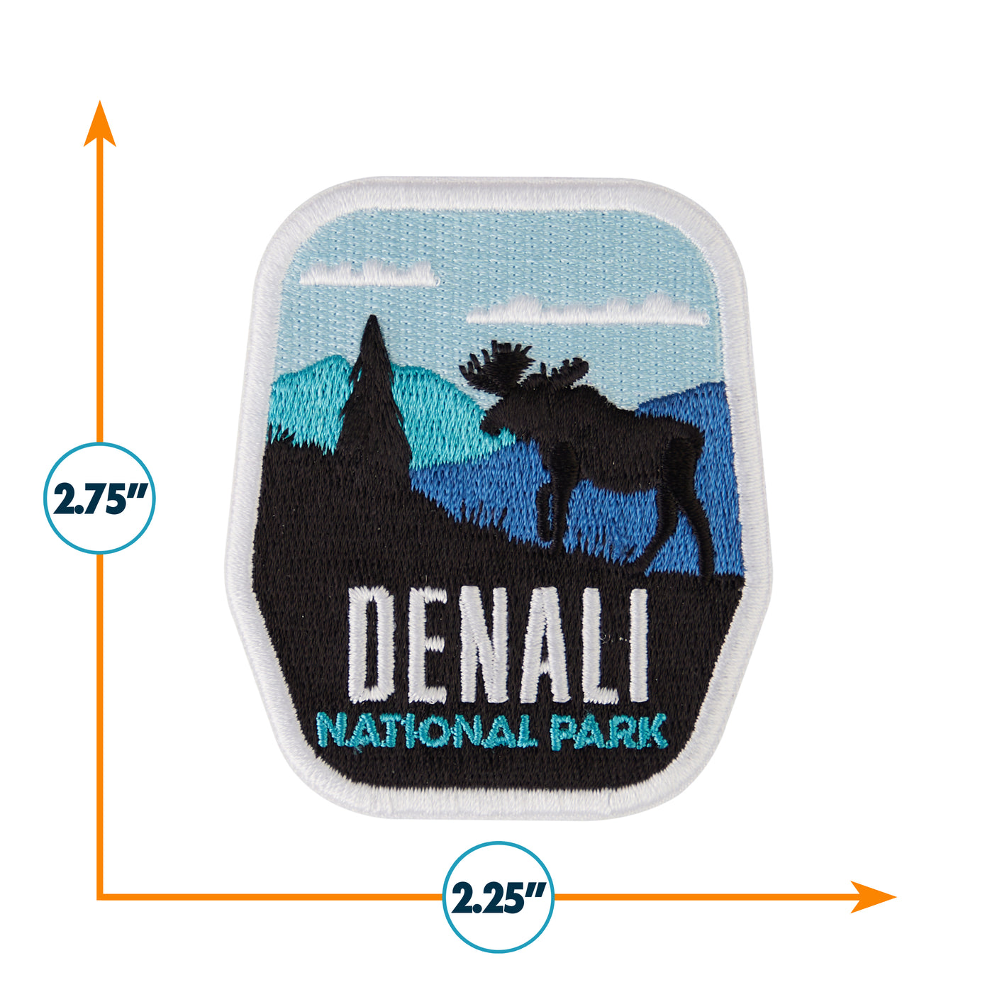 Denali National Park patch featuring a moose silhouette against mountains, measuring 2.25 inches by 2.75 inches.
