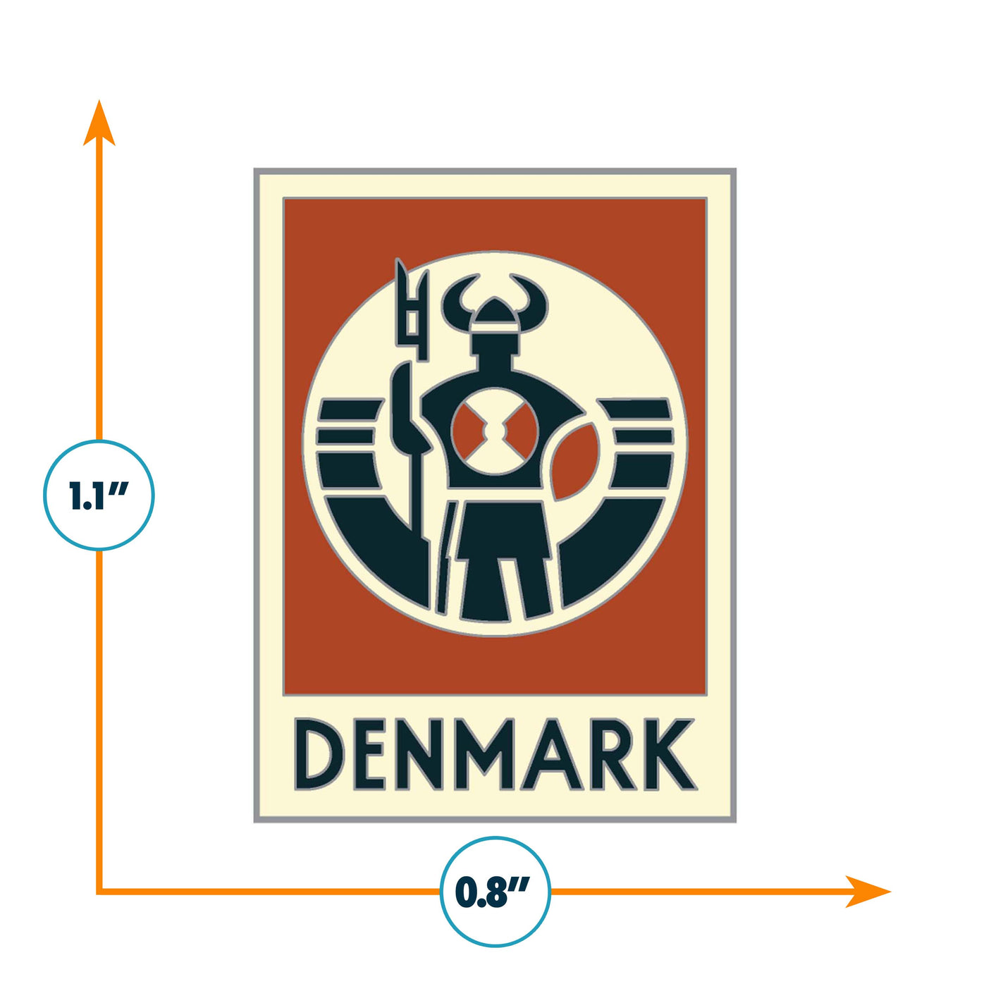 Denmark enamel pin featuring a Viking figure with a shield and spear, set against a red and cream background.