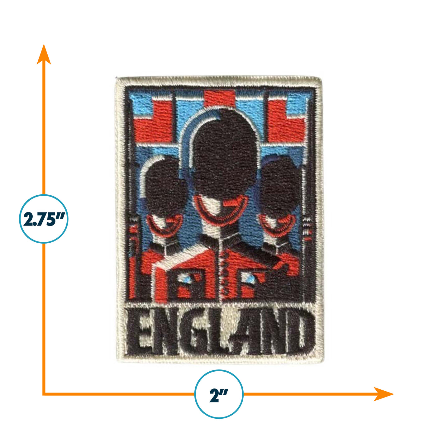 Embroidered England patch featuring three figures with a red, white, and blue background, measuring 2.75 by 2 inches.