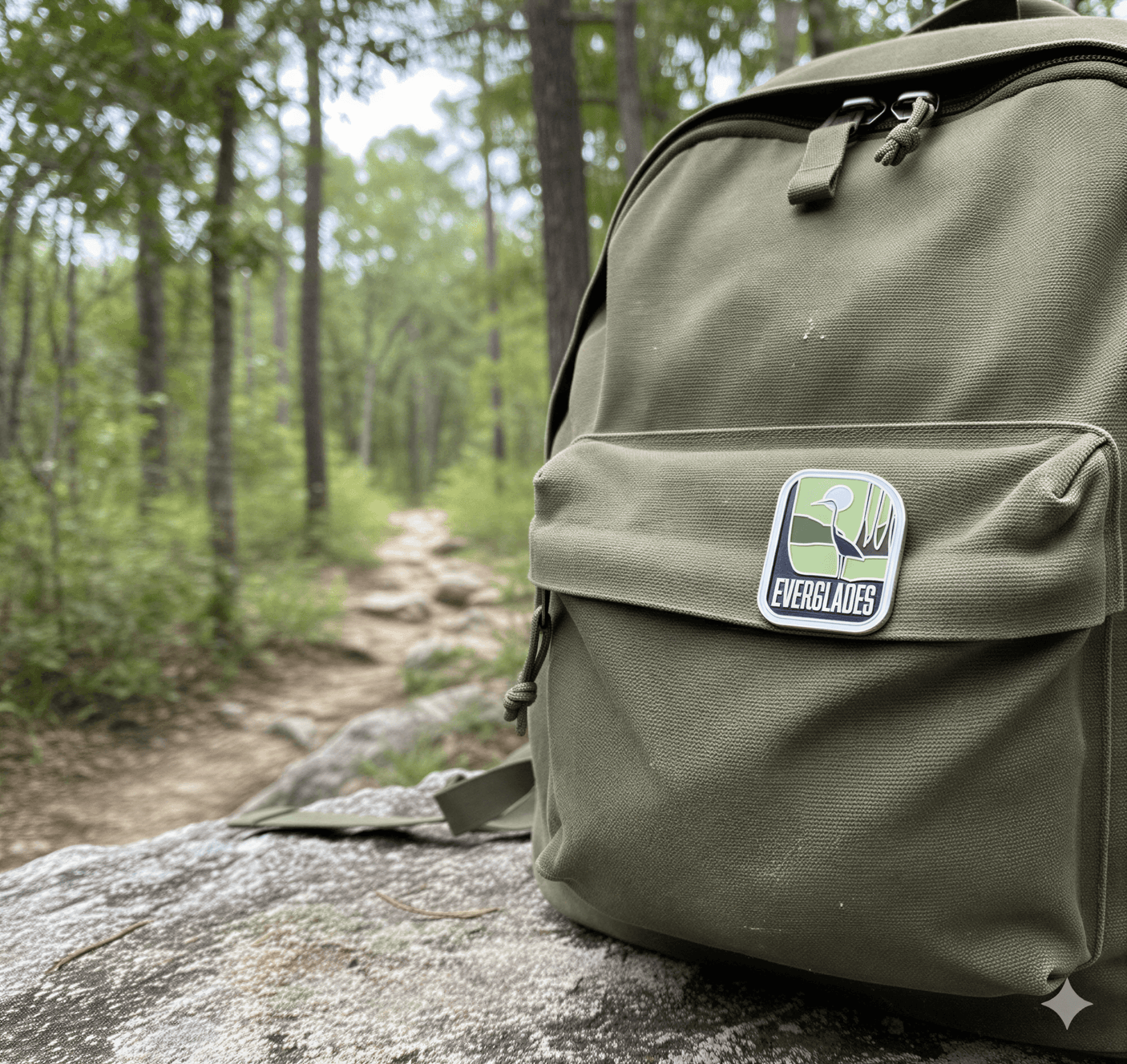 Everglades National Park enamel pin on an olive green backpack, set against a forest trail background.