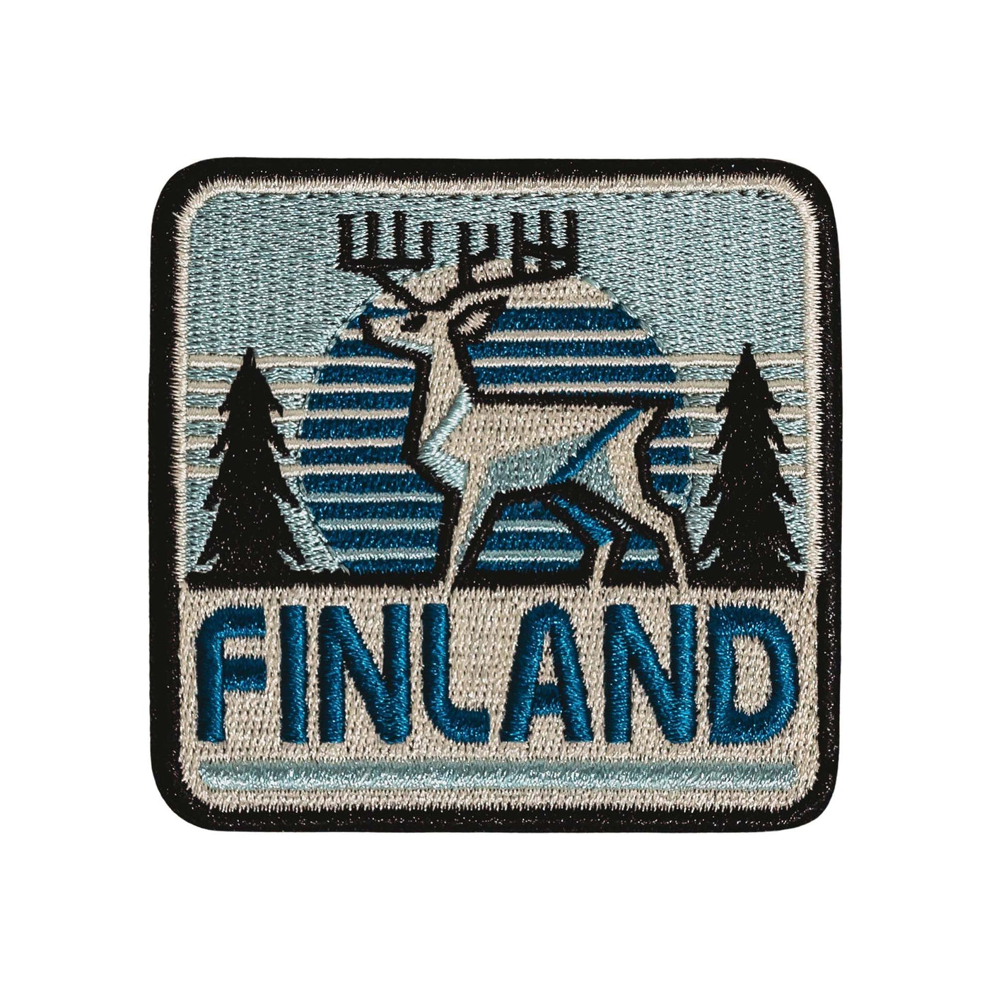 Embroidered Finland patch featuring a reindeer, trees, and blue stripes on a light background.