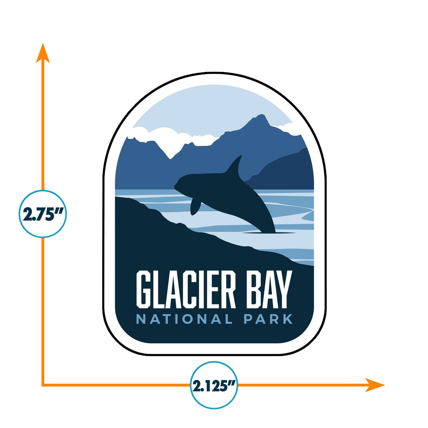 Glacier Bay National Park patch featuring a whale silhouette against mountains and water, measuring 2.75 by 2.125 inches.