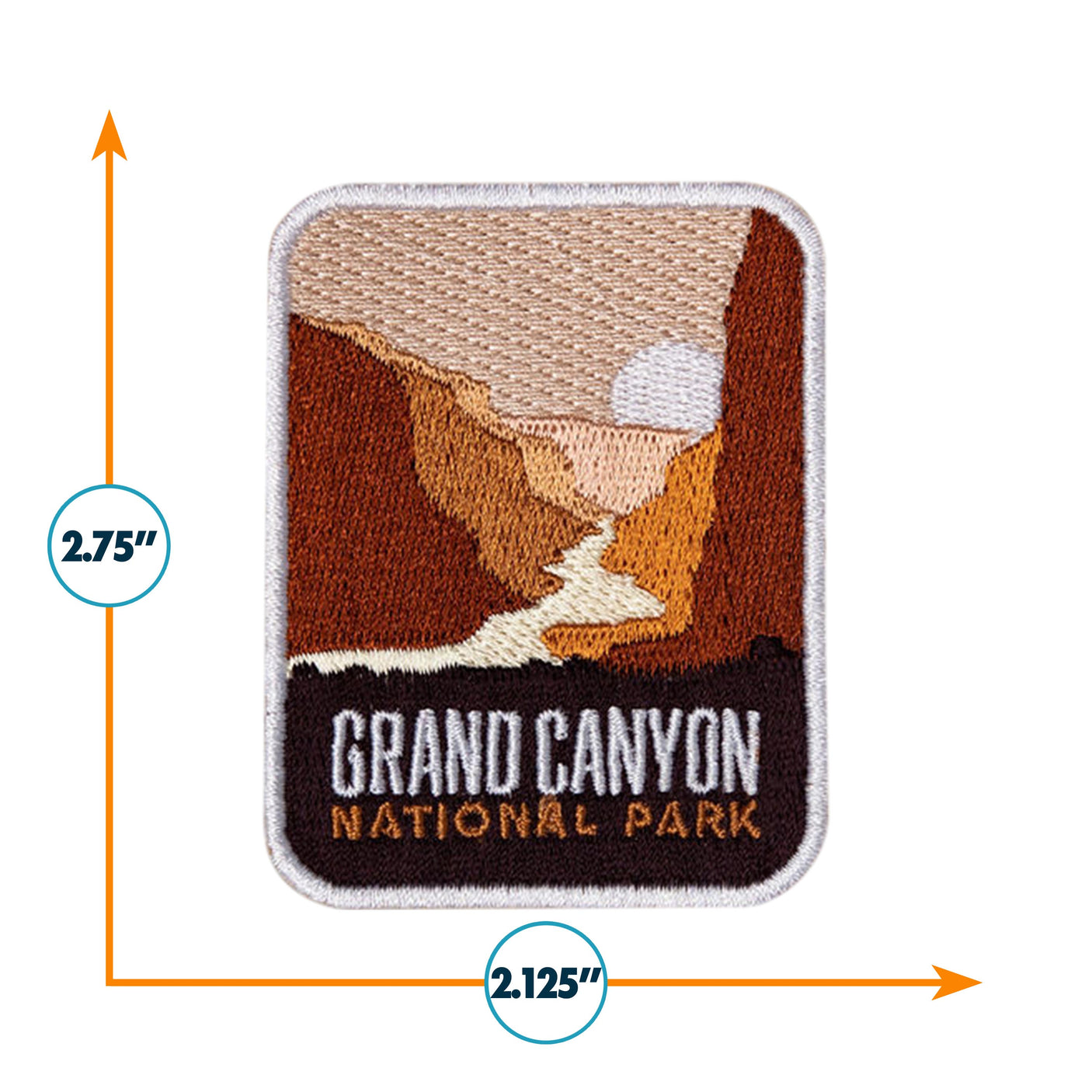 Grand Canyon National Park patch featuring an embroidered canyon design with sunset colors and dimensions of 2.75" x 2.125".