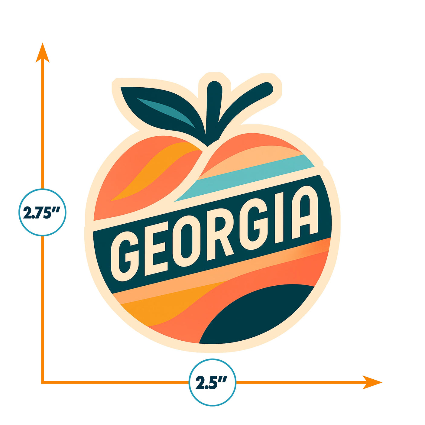 Georgia sticker featuring a peach design with colorful stripes and the word "GEORGIA" in bold letters.