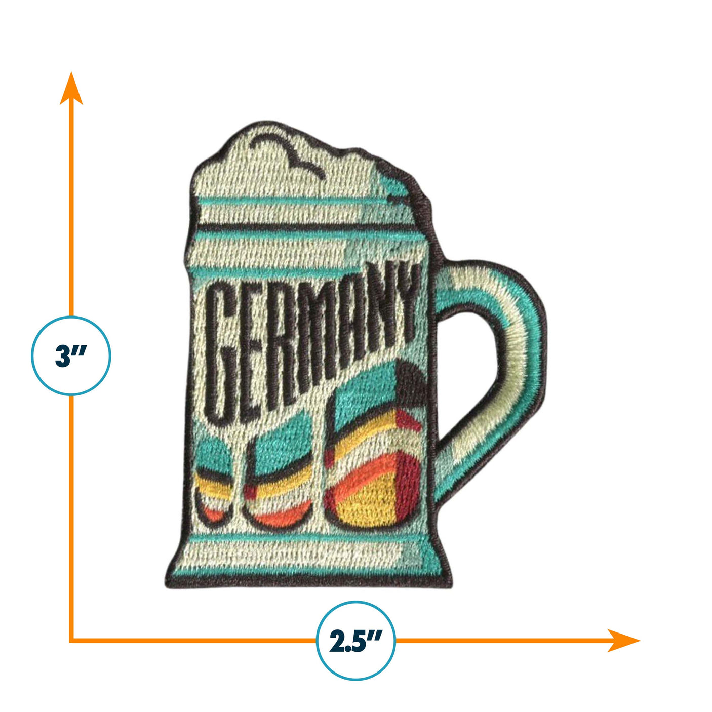Germany patch featuring a beer mug design with colorful accents, measuring 3 inches by 2.5 inches.