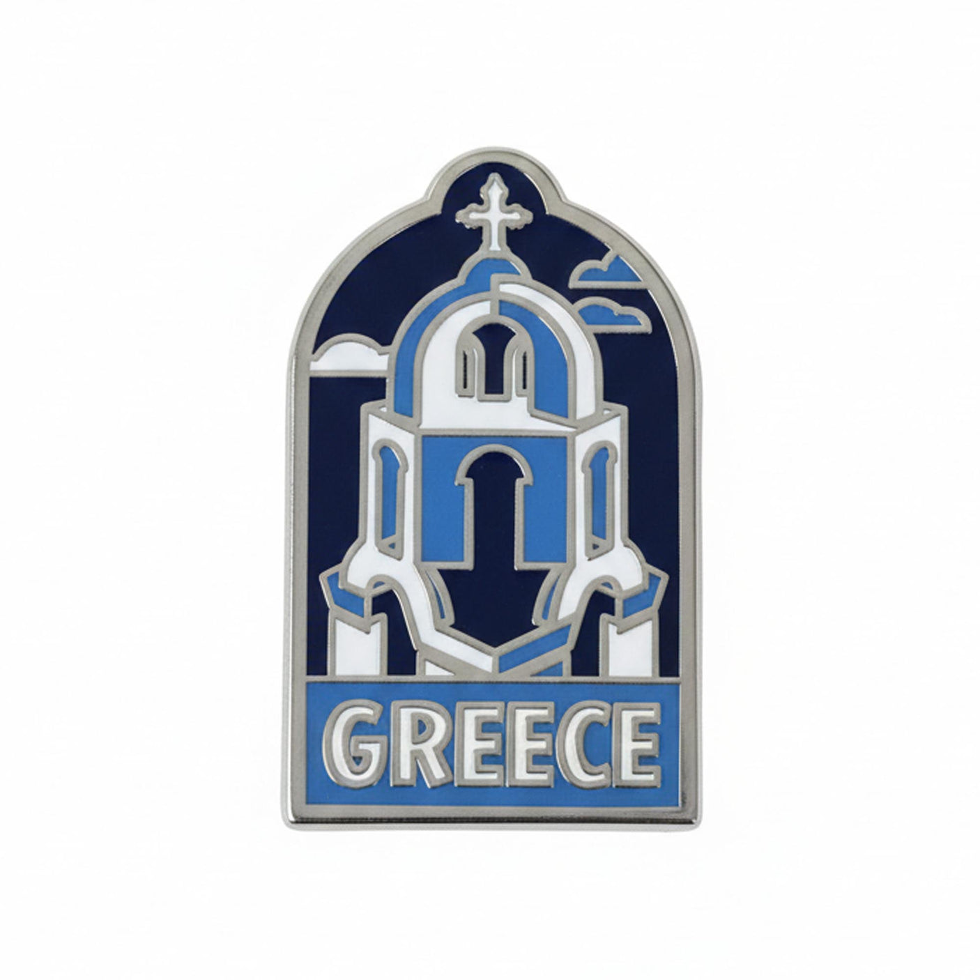 Greece enamel pin featuring a blue and white church design with the word "Greece" at the bottom.