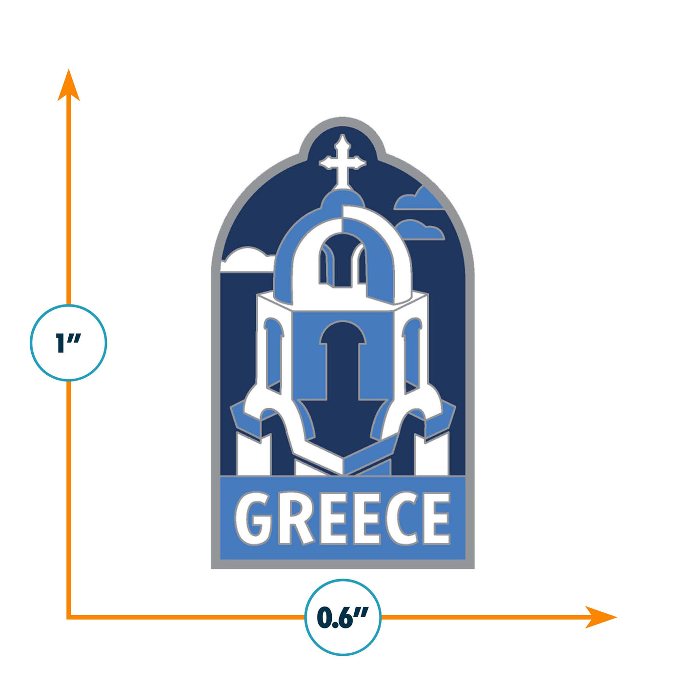 Greece enamel pin featuring a blue and white church design with the word "Greece" at the bottom.