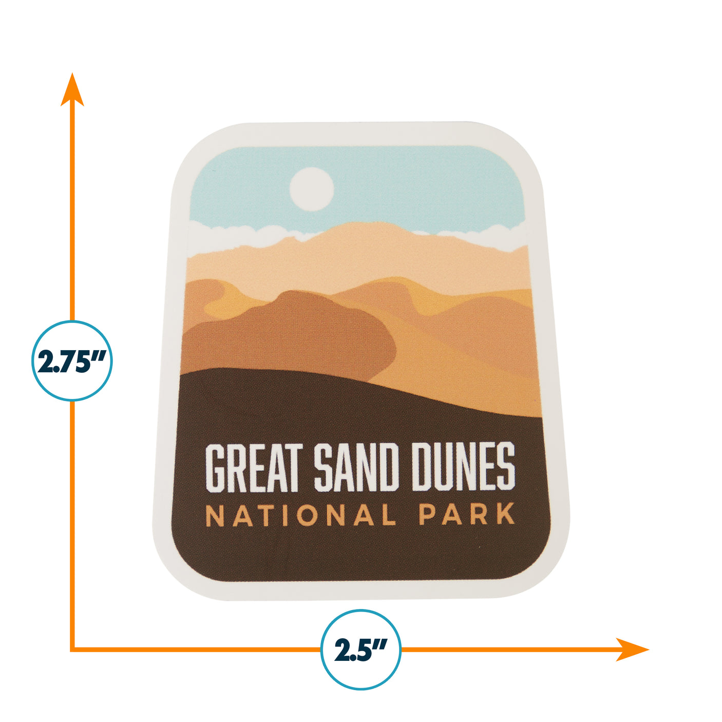 Great Sand Dunes National Park sticker featuring desert landscape in warm colors, measuring 2.5 inches by 2.75 inches.