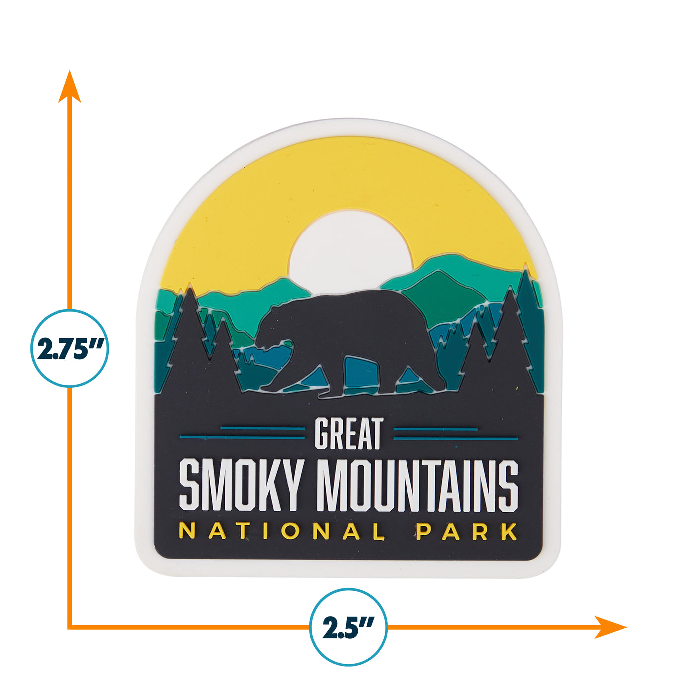 Great Smoky Mountains National Park PVC fridge magnet featuring a bear, mountains, and a yellow sky. Measures 2.5 x 2.75 i...