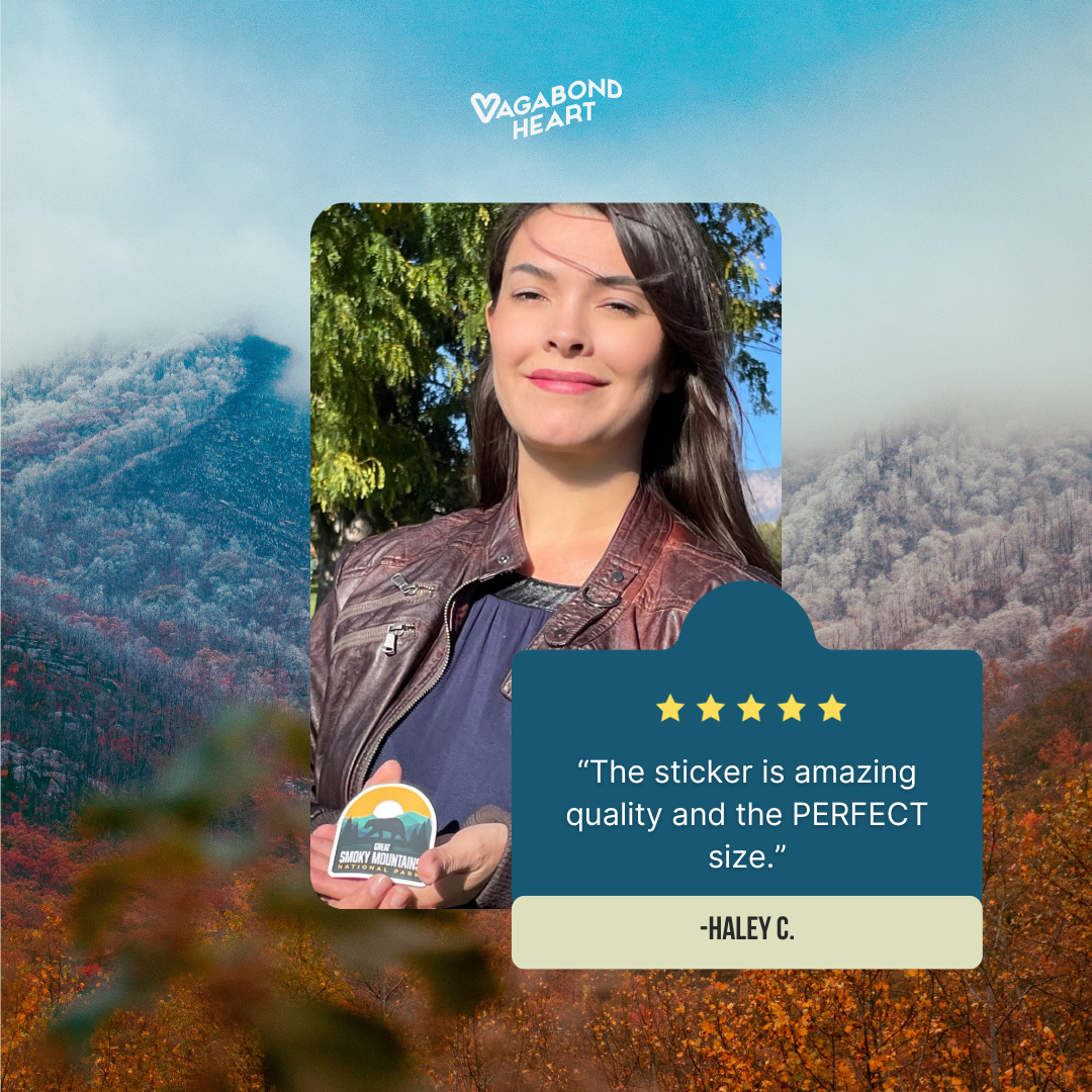 Great Smoky Mountains National Park sticker featuring a mountain design with sunset colors and a circular shape.