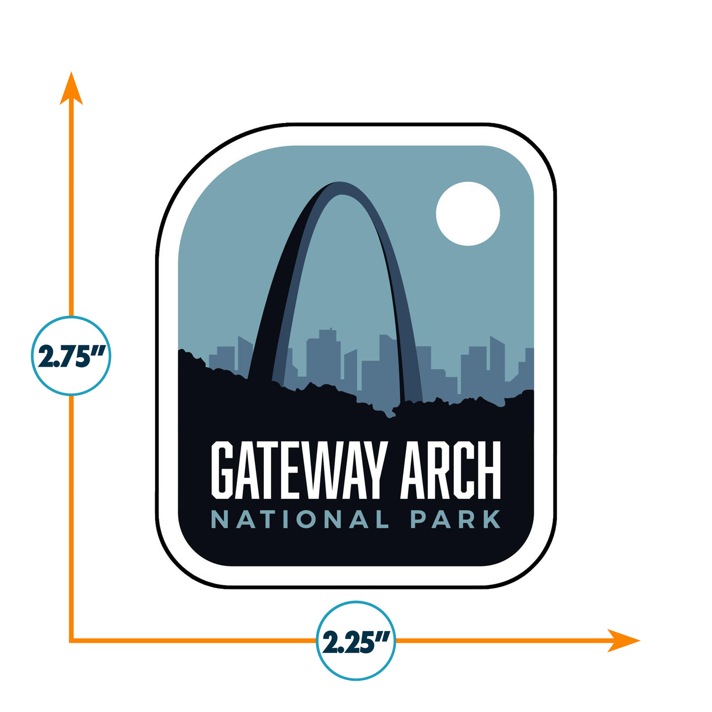Gateway Arch National Park patch featuring a silhouette of the arch against a blue sky and city skyline.