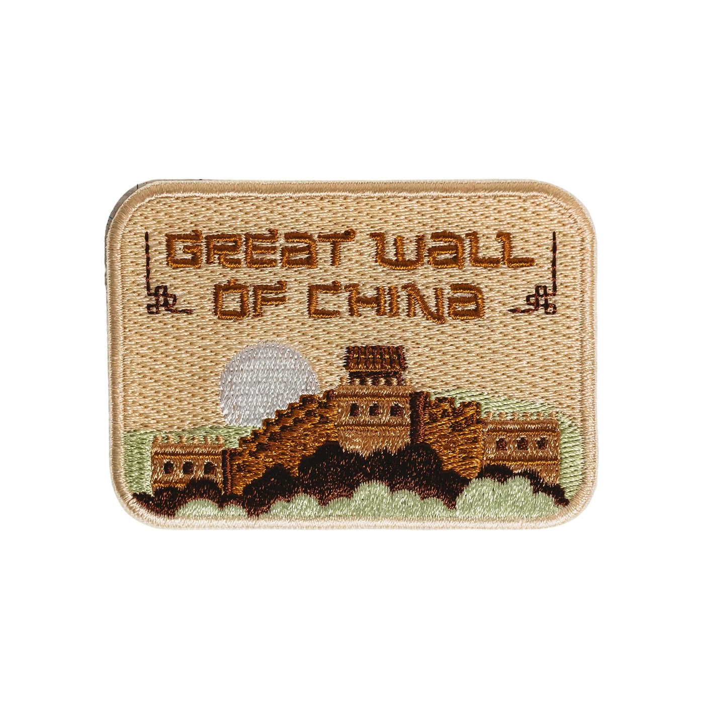 Great Wall of China patch featuring embroidered design with text and a landscape background in earthy tones.
