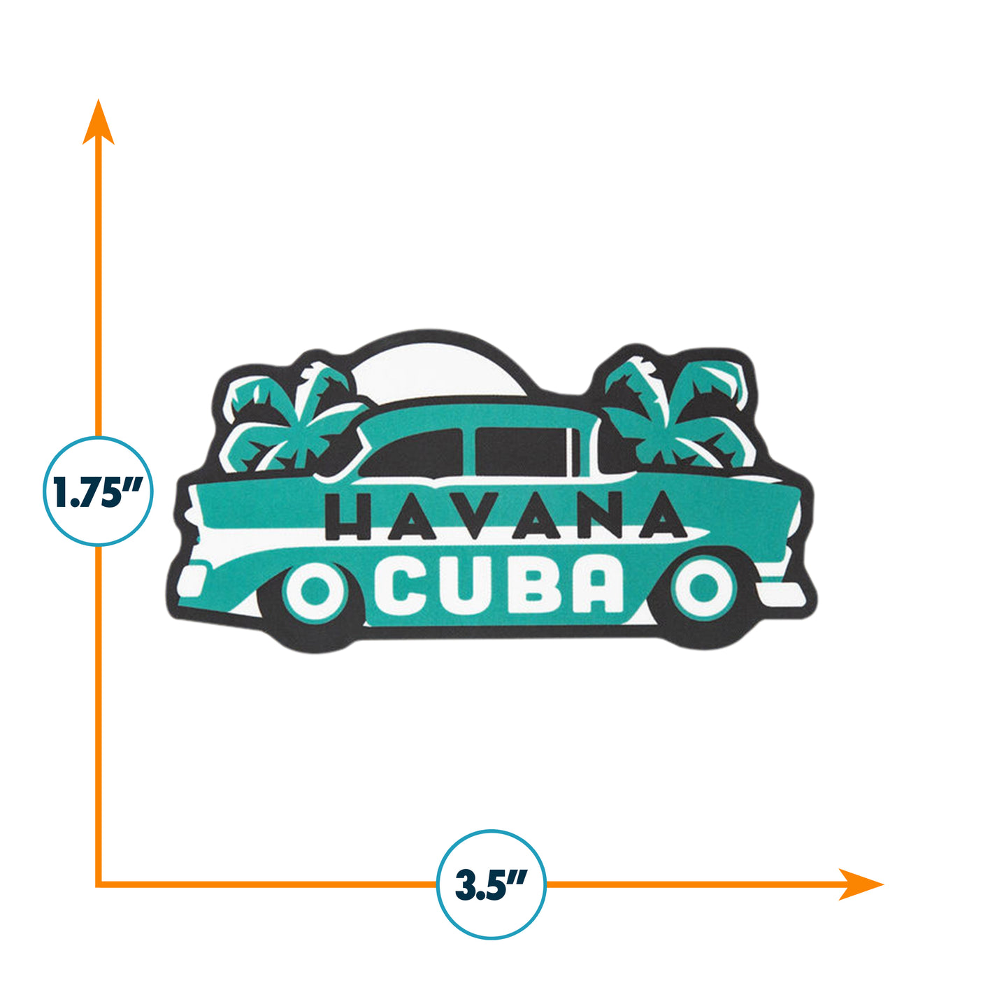 Havana Cuba sticker featuring a classic car, palm trees, and bold text in turquoise and black colors.