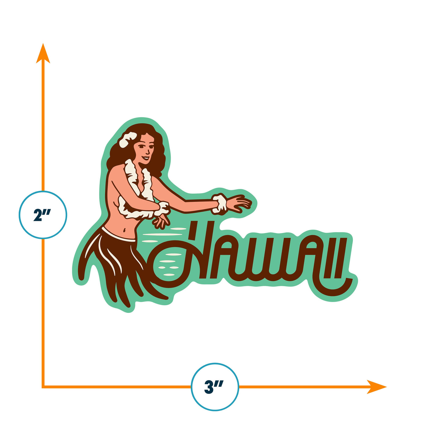Hawaii hula girl sticker featuring a dancing girl in a grass skirt with the word "Hawaii" in green cursive below.