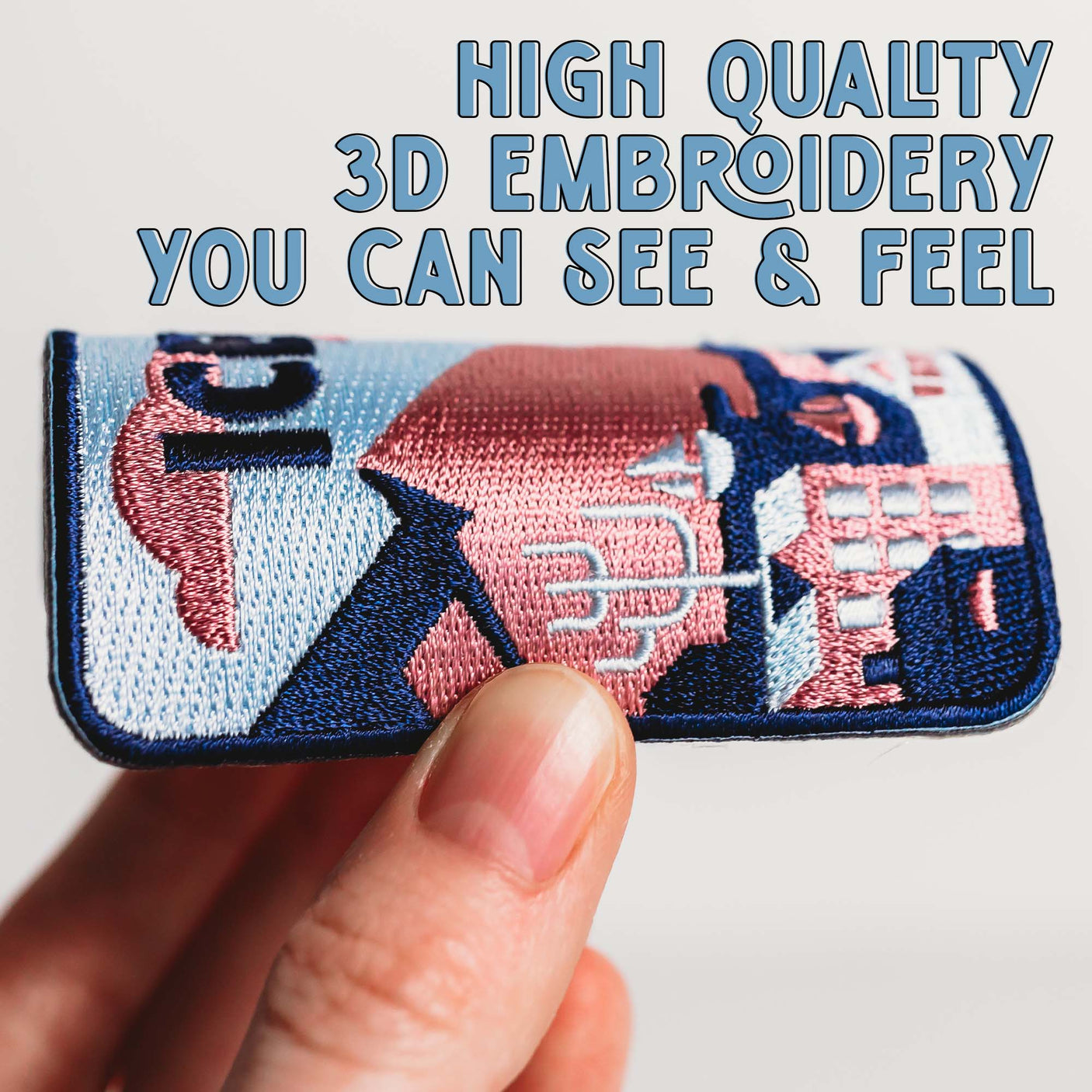 Rome Italy patch featuring 3D embroidery with a colorful design, held in a hand against a light background.