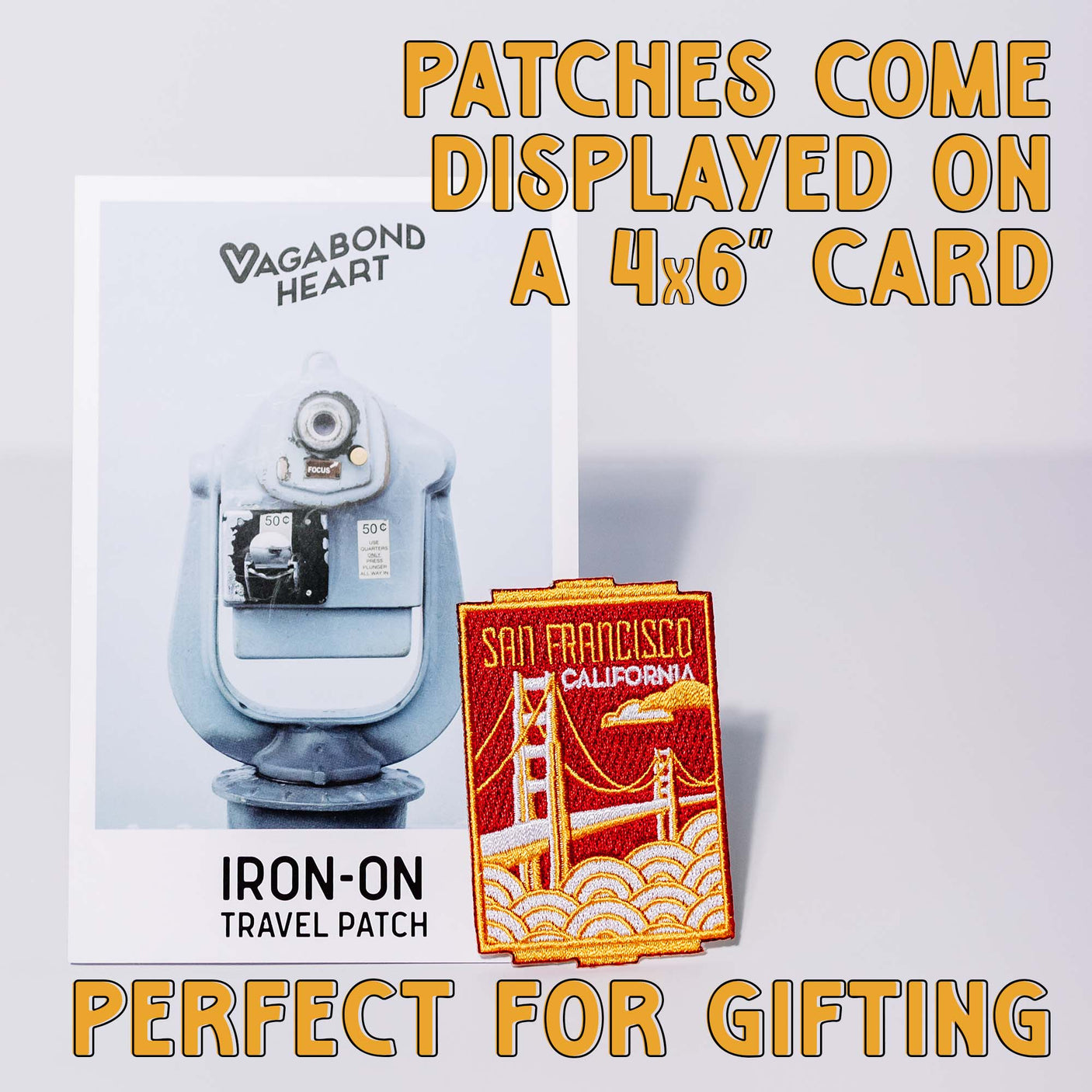 Mammoth Cave National Park patch on a display card featuring a vintage camera and text highlighting gifting options.