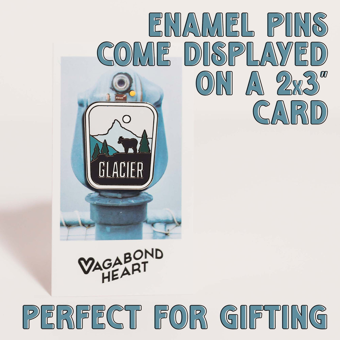 Vancouver Island enamel pin displayed on a 2x3 inch card featuring a mountain and moose design.