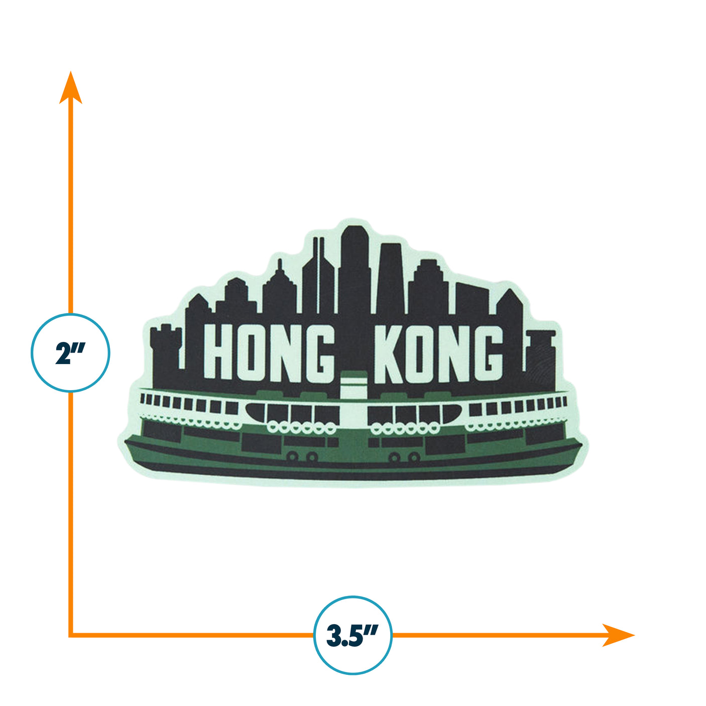 Hong Kong sticker featuring a skyline silhouette and ferry design, measuring 3.5 inches by 2 inches.