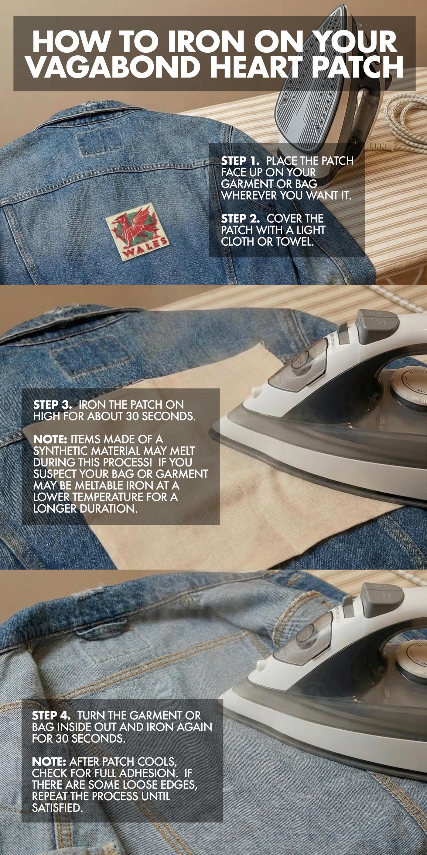 Instructions for ironing on the Monaco patch, showing an iron, denim fabric, and step-by-step guidance.