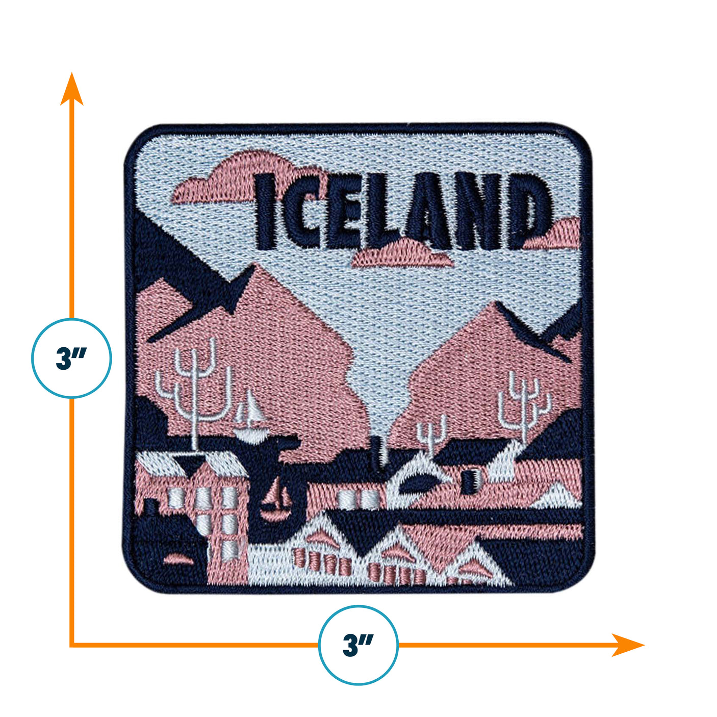 Iceland patch featuring a landscape design with mountains, trees, and buildings in pastel colors, measuring 3 inches by 3 ...
